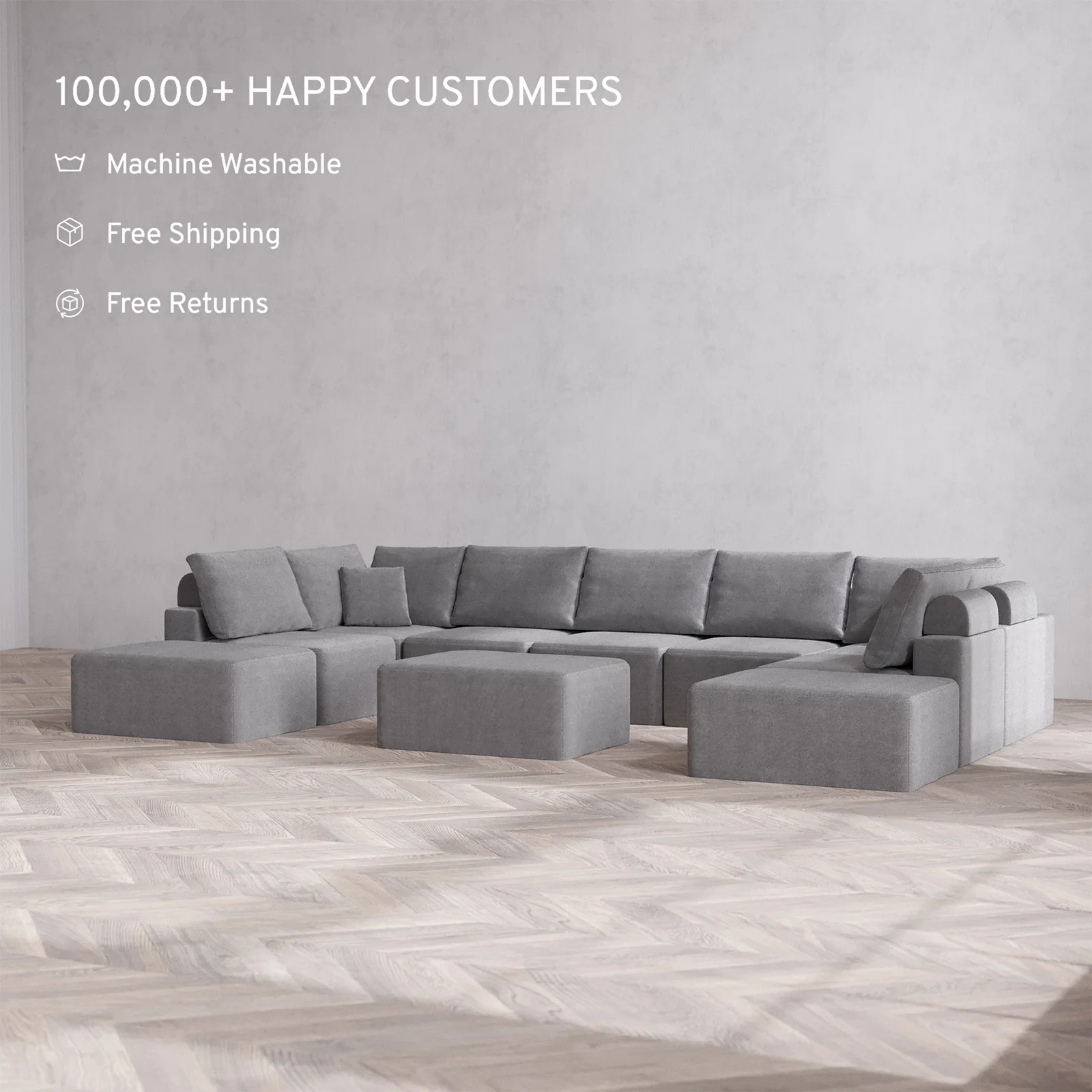 Slipcover Only - Modular Washable 9-Seater Open-Ends U Sectional + Chaise Ottoman Cloud + Bolster Sofa in Slate - Image 2