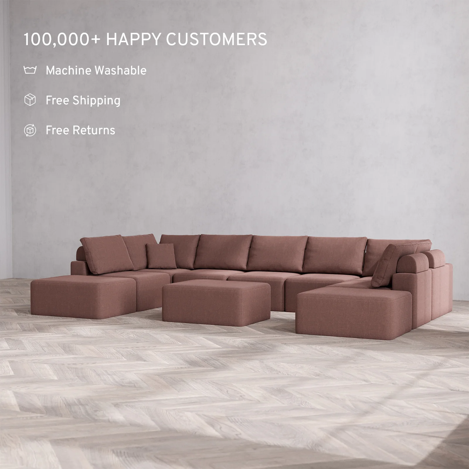 Slipcover Only - Modular Washable 9-Seater Open-Ends U Sectional + Chaise Ottoman Cloud + Bolster Sofa in Sumac - Image 2