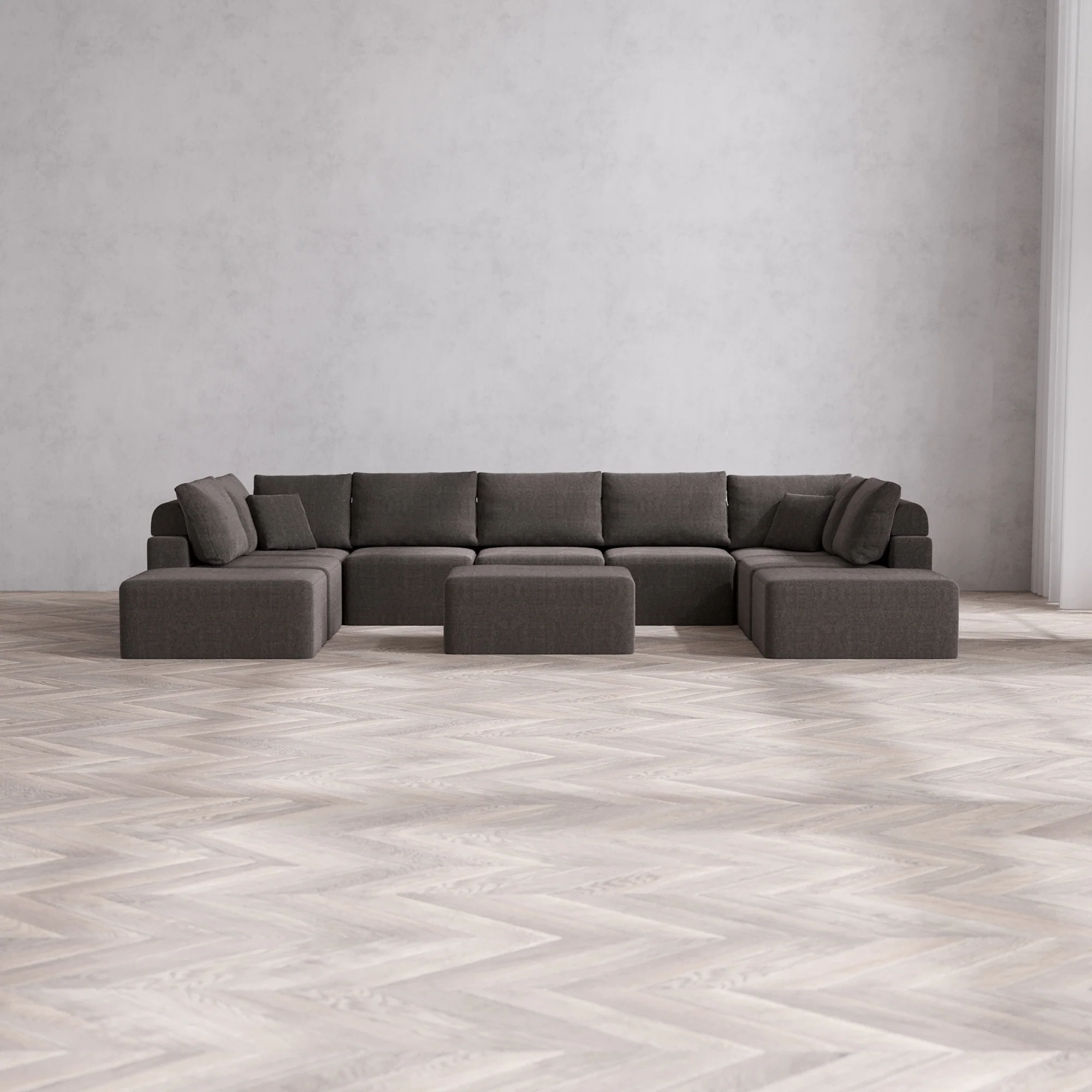 Slipcover Only - Modular Washable 9-Seater Open-Ends U Sectional + Chaise Ottoman Cloud + Bolster Sofa in Truffle
