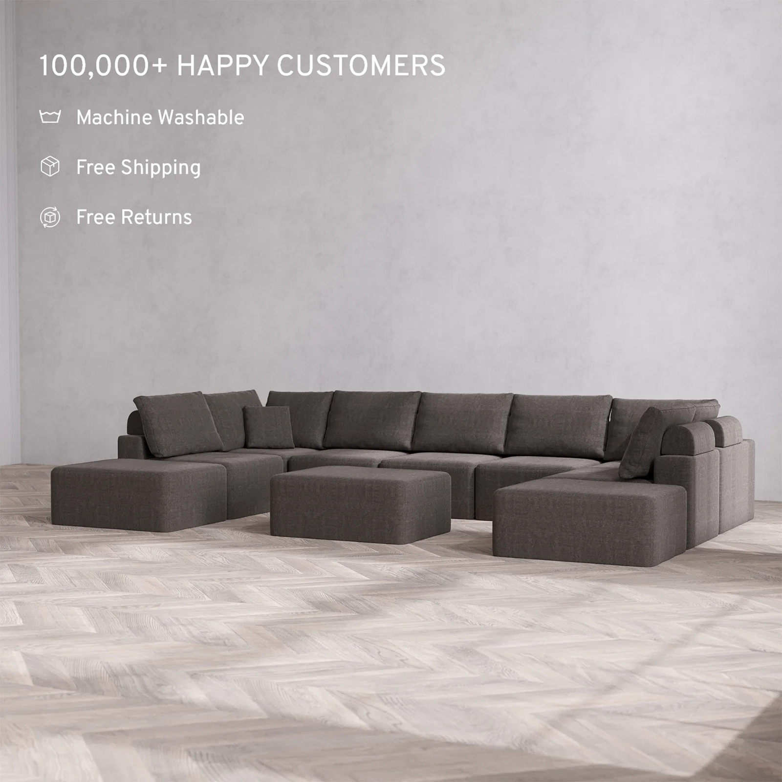 Slipcover Only - Modular Washable 9-Seater Open-Ends U Sectional + Chaise Ottoman Cloud + Bolster Sofa in Truffle - Image 2