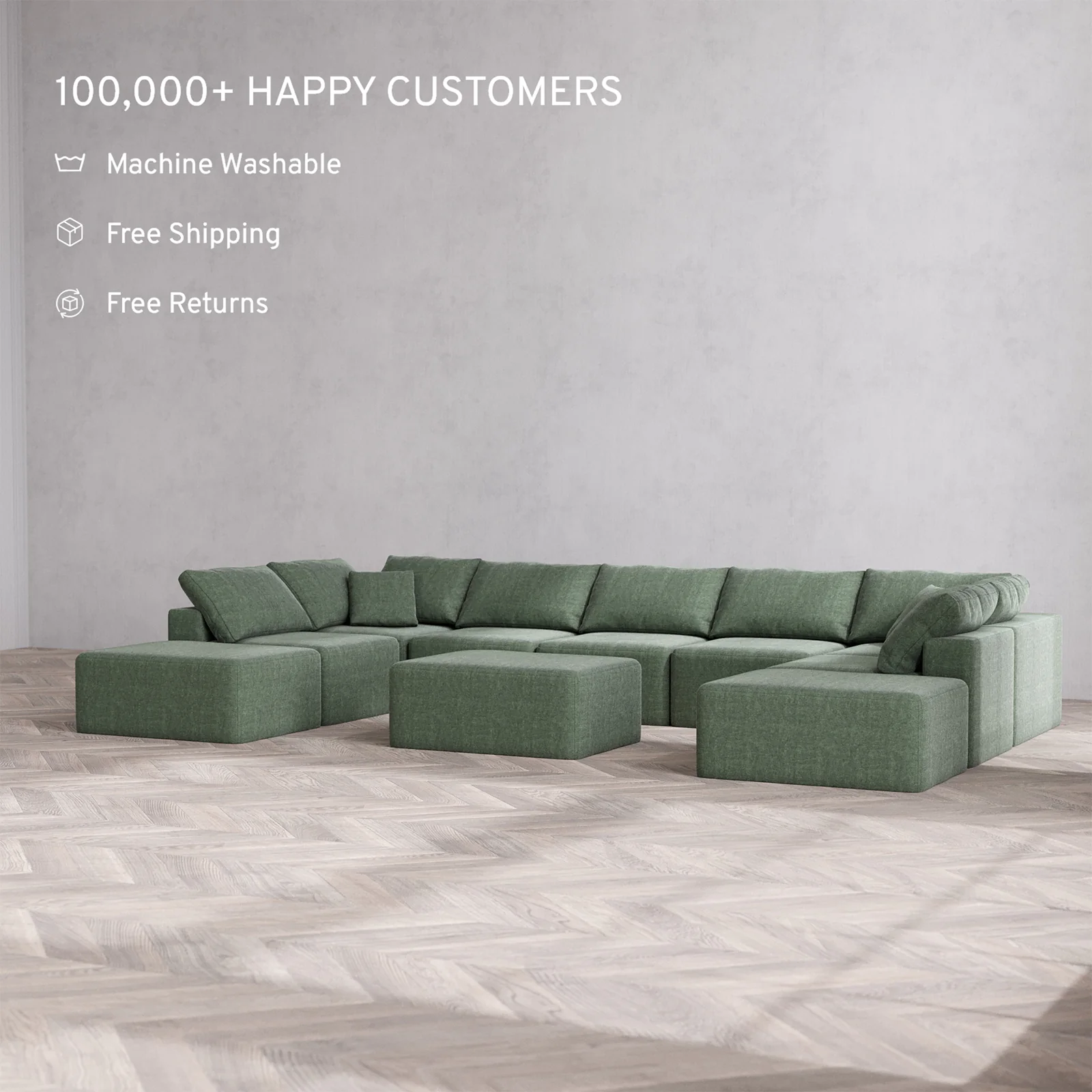 Slipcover Only - Modular Washable 9-Seater Open-Ends U Sectional + Chaise Ottoman Cloud Sofa in Sage - Image 2