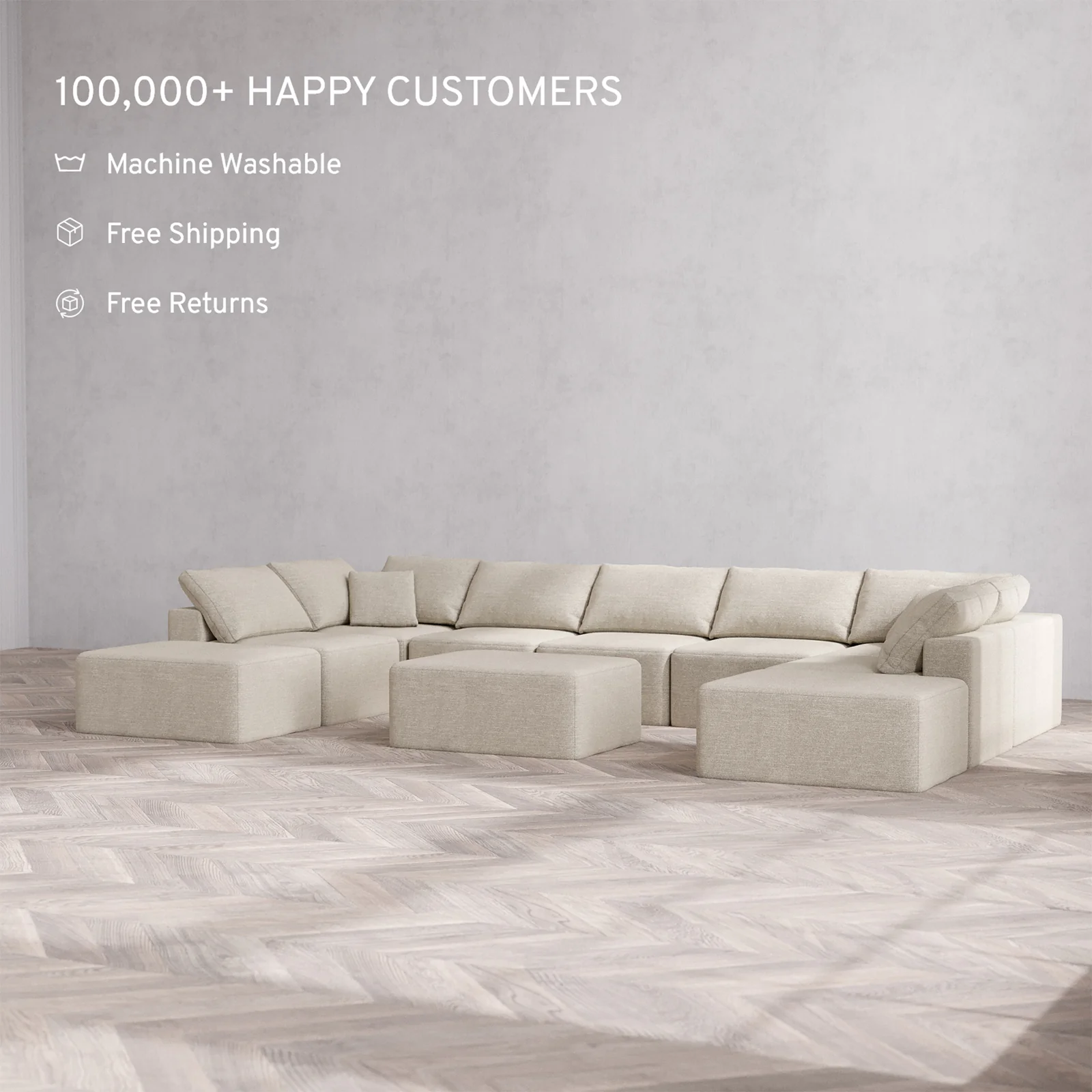 Slipcover Only - Modular Washable 9-Seater Open-Ends U Sectional + Chaise Ottoman Cloud Sofa in Sandstone - Image 2