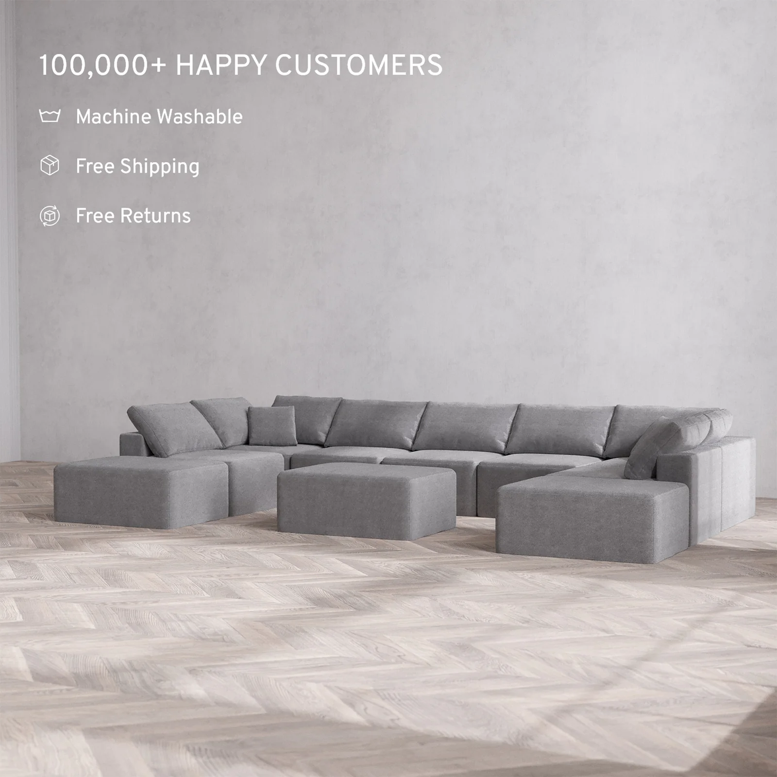 Slipcover Only - Modular Washable 9-Seater Open-Ends U Sectional + Chaise Ottoman Cloud Sofa in Slate - Image 2