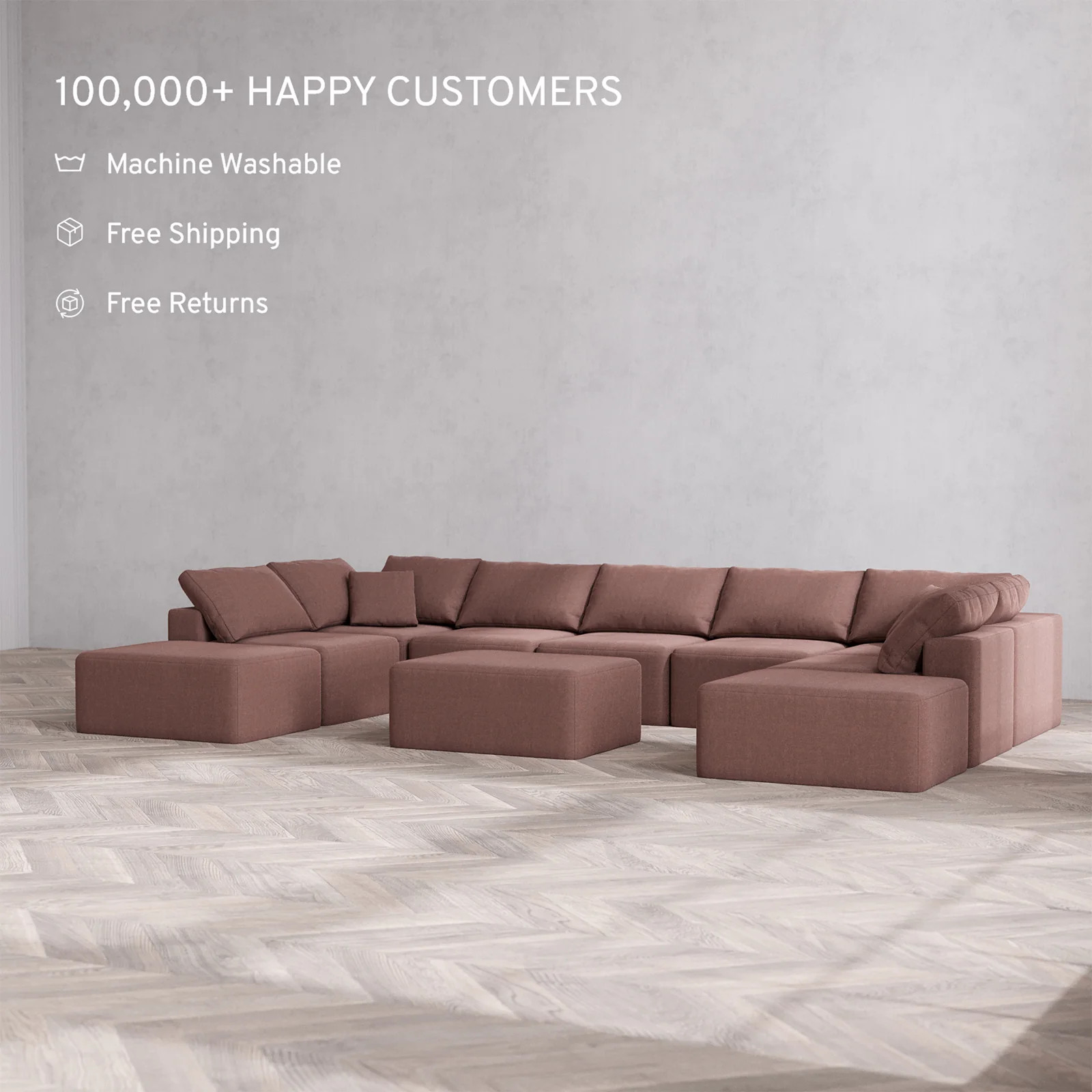 Slipcover Only - Modular Washable 9-Seater Open-Ends U Sectional + Chaise Ottoman Cloud Sofa in Sumac - Image 2