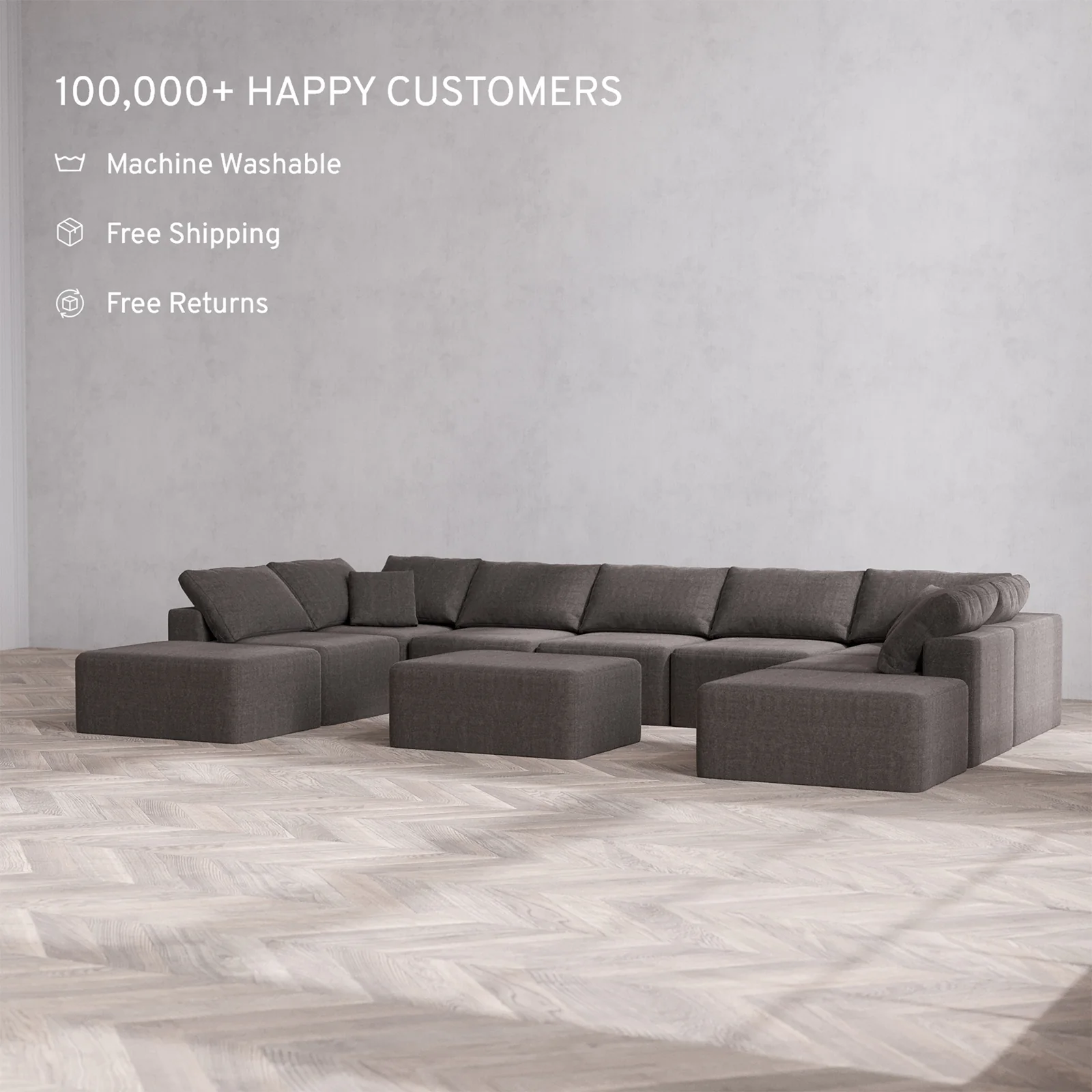 Slipcover Only - Modular Washable 9-Seater Open-Ends U Sectional + Chaise Ottoman Cloud Sofa in Truffle - Image 2