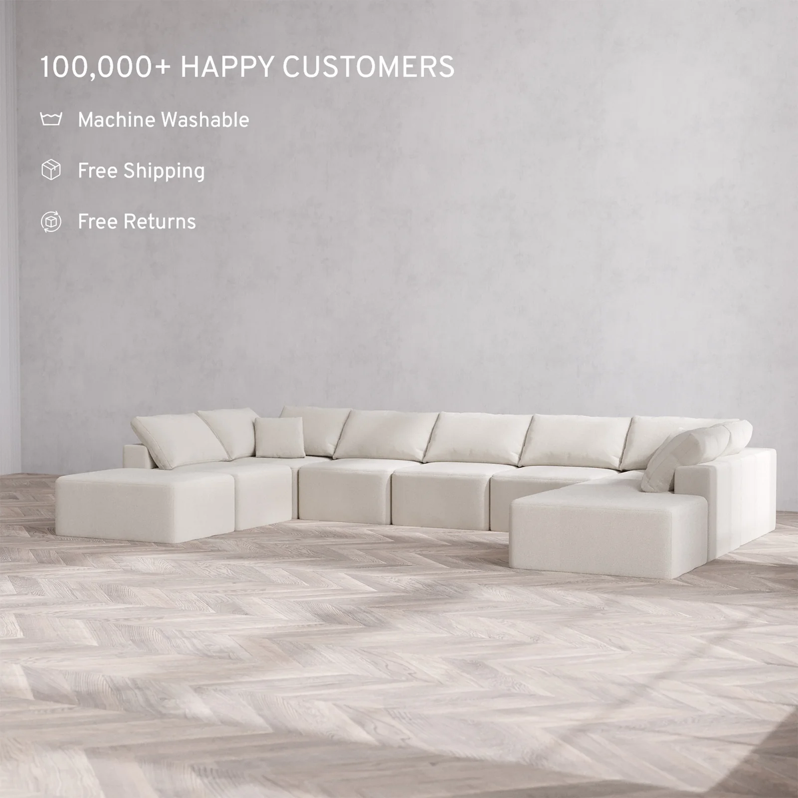 Slipcover Only - Modular Washable 9-Seater Open-Ends U Sectional Cloud Sofa in Pearl - Image 2