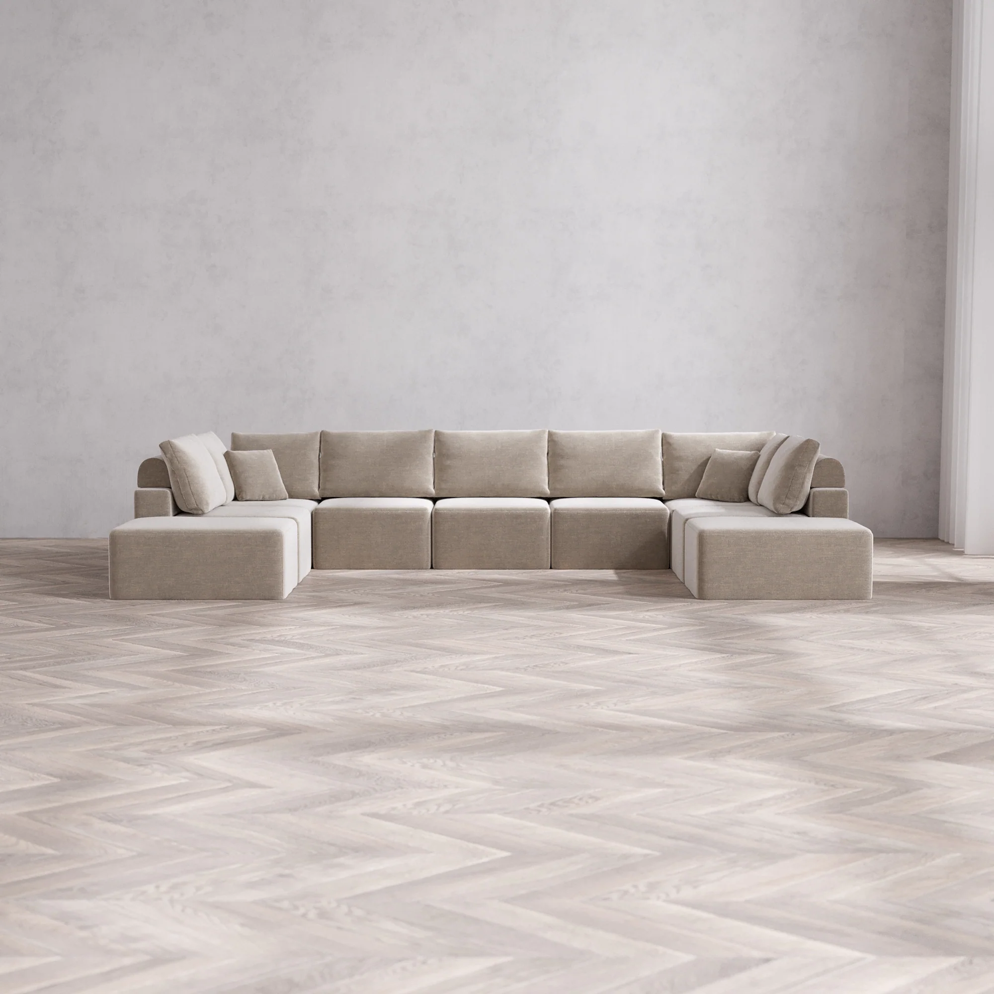 Slipcover Only - Modular Washable 9-Seater Open-Ends U Sectional Cloud + Bolster Sofa in Caraway
