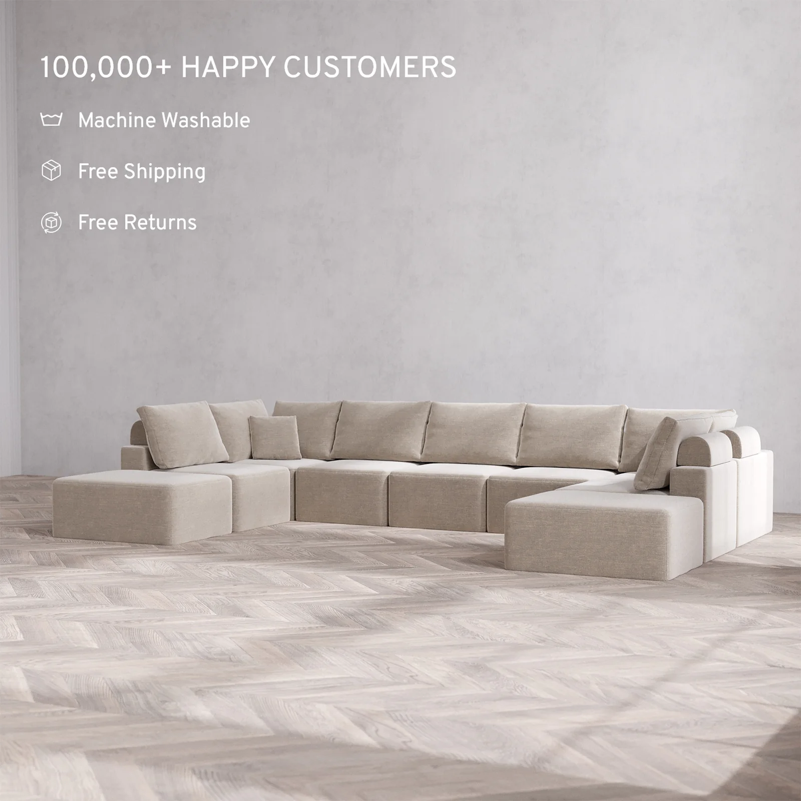 Slipcover Only - Modular Washable 9-Seater Open-Ends U Sectional Cloud + Bolster Sofa in Caraway - Image 2