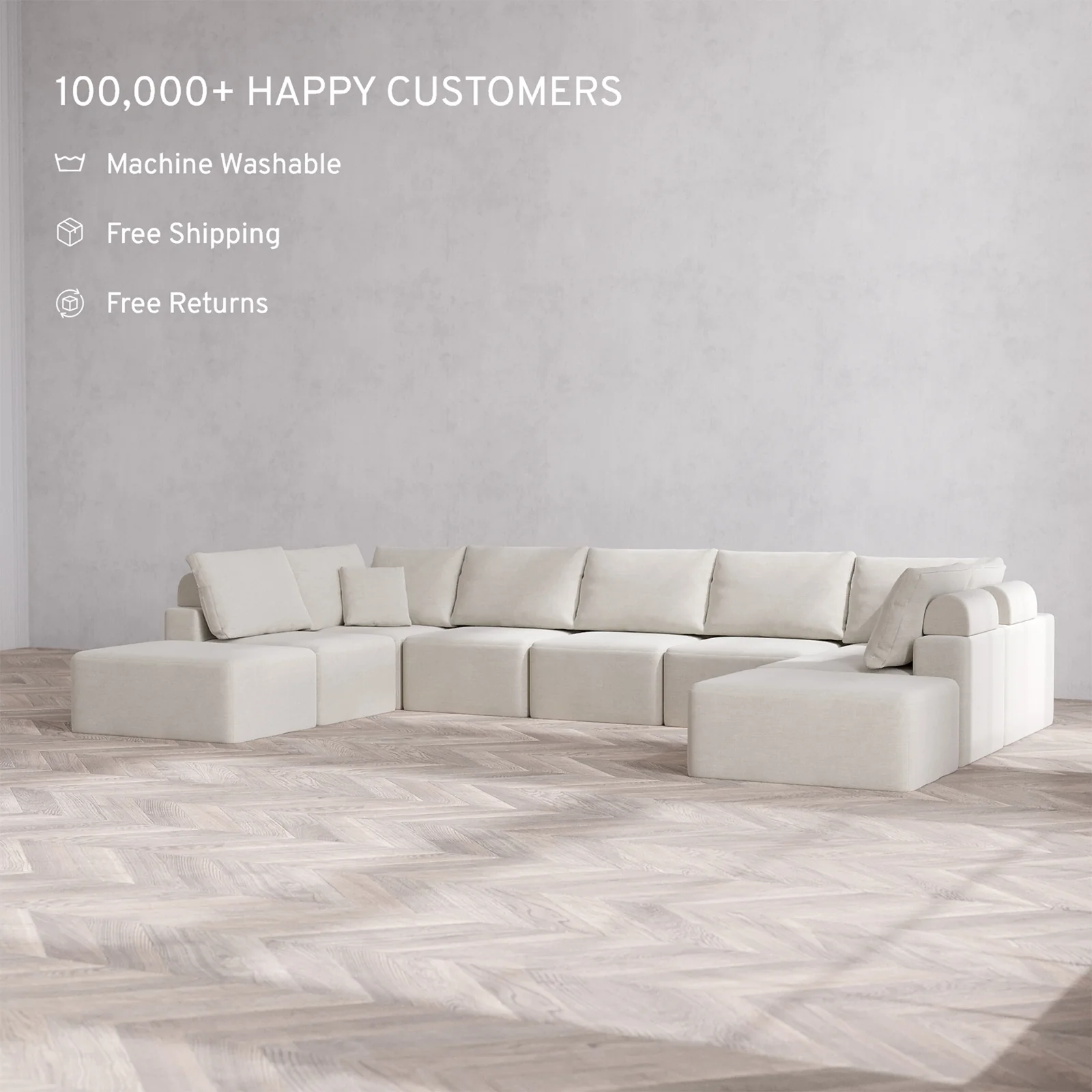 Slipcover Only - Modular Washable 9-Seater Open-Ends U Sectional Cloud + Bolster Sofa in Cashew - Image 2