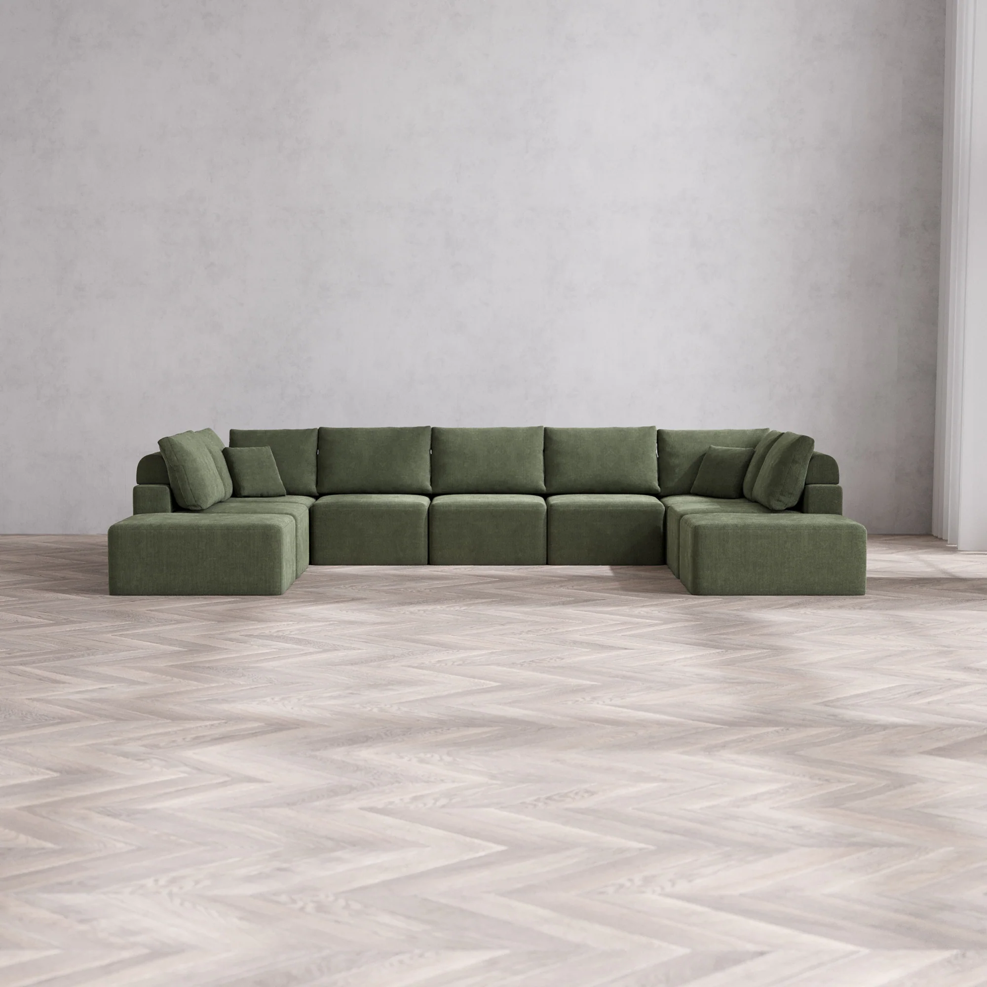 Slipcover Only - Modular Washable 9-Seater Open-Ends U Sectional Cloud + Bolster Sofa in Juniper