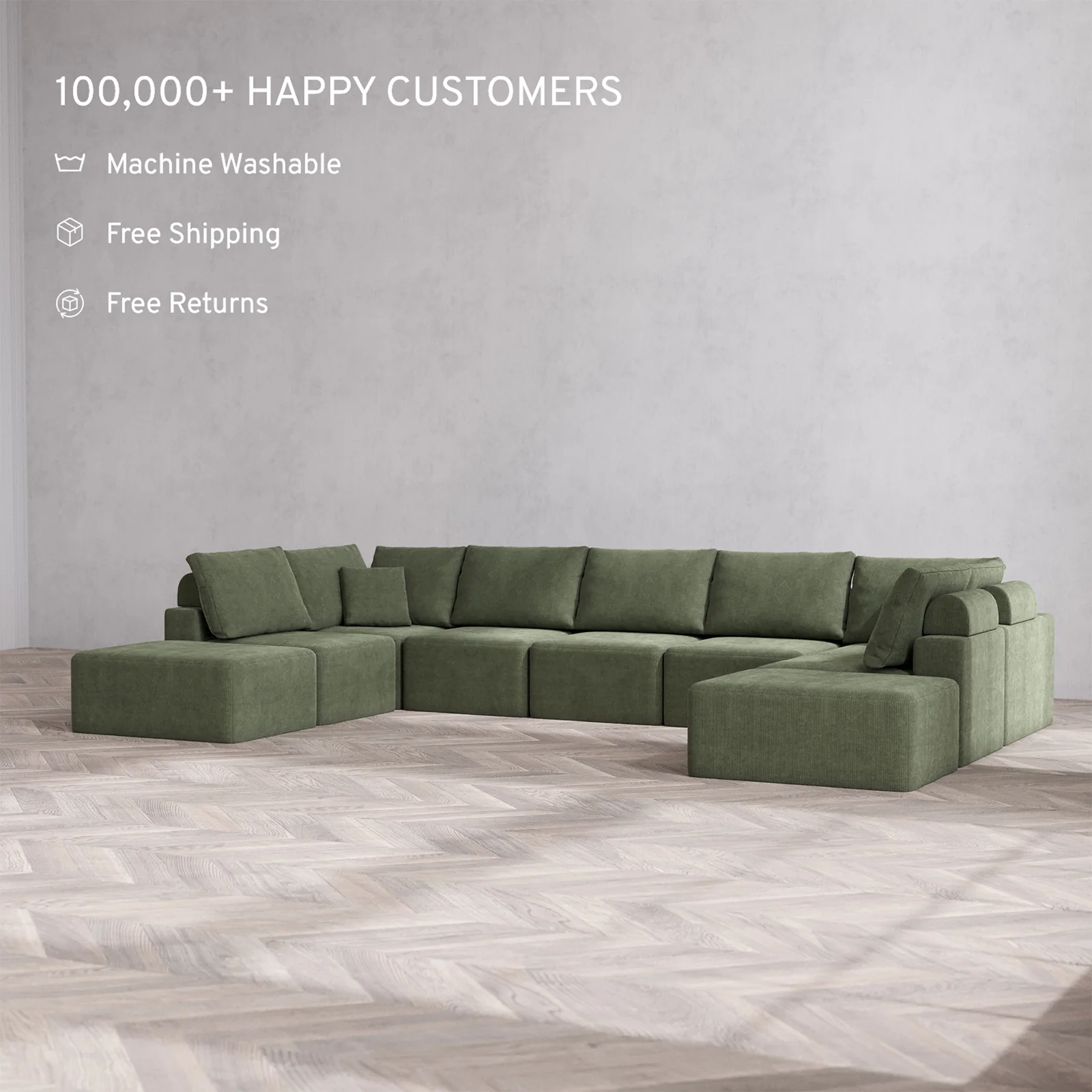 Slipcover Only - Modular Washable 9-Seater Open-Ends U Sectional Cloud + Bolster Sofa in Juniper - Image 2