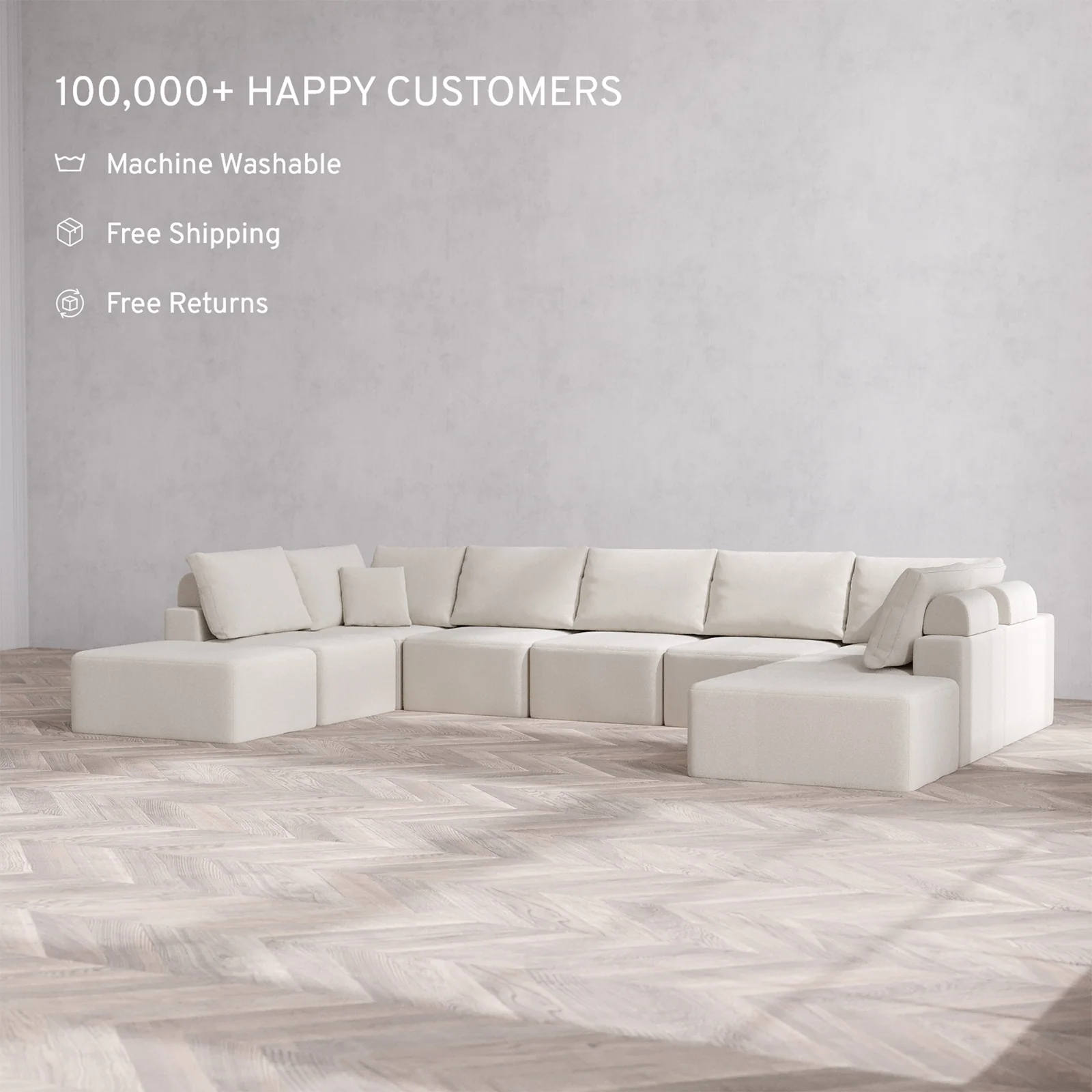 Slipcover Only - Modular Washable 9-Seater Open-Ends U Sectional Cloud + Bolster Sofa in Pearl - Image 2
