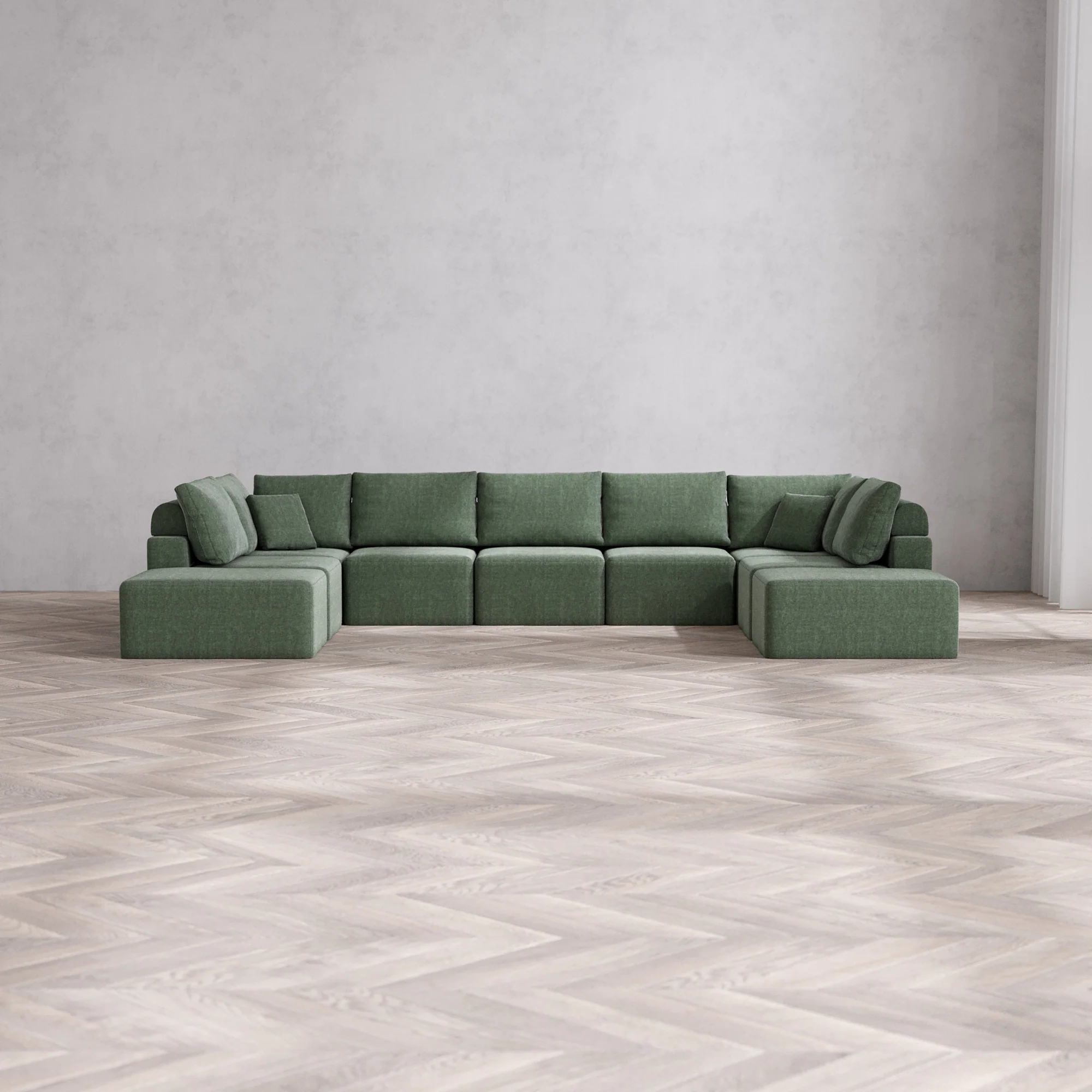 Slipcover Only - Modular Washable 9-Seater Open-Ends U Sectional Cloud + Bolster Sofa in Sage