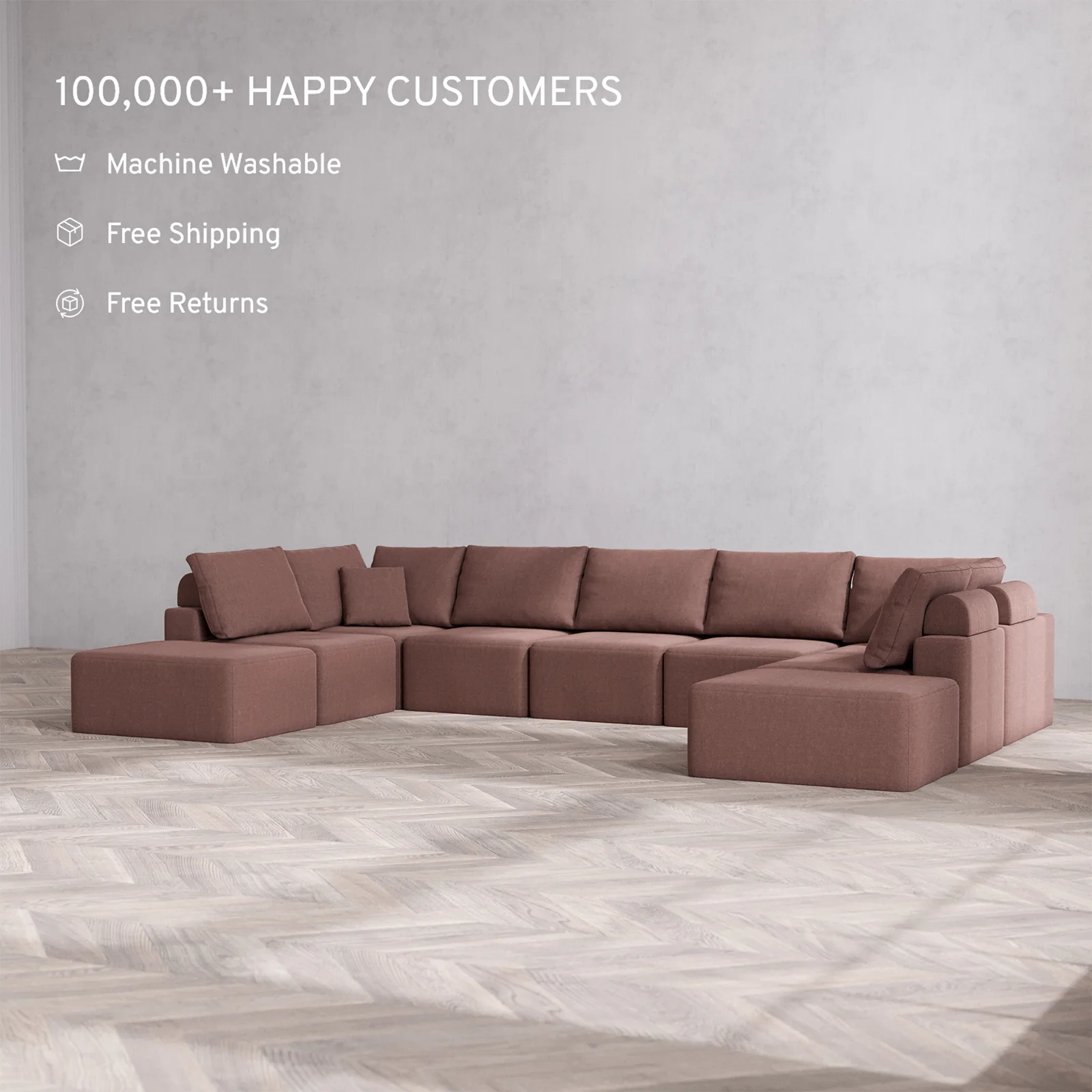 Slipcover Only - Modular Washable 9-Seater Open-Ends U Sectional Cloud + Bolster Sofa in Sumac - Image 2