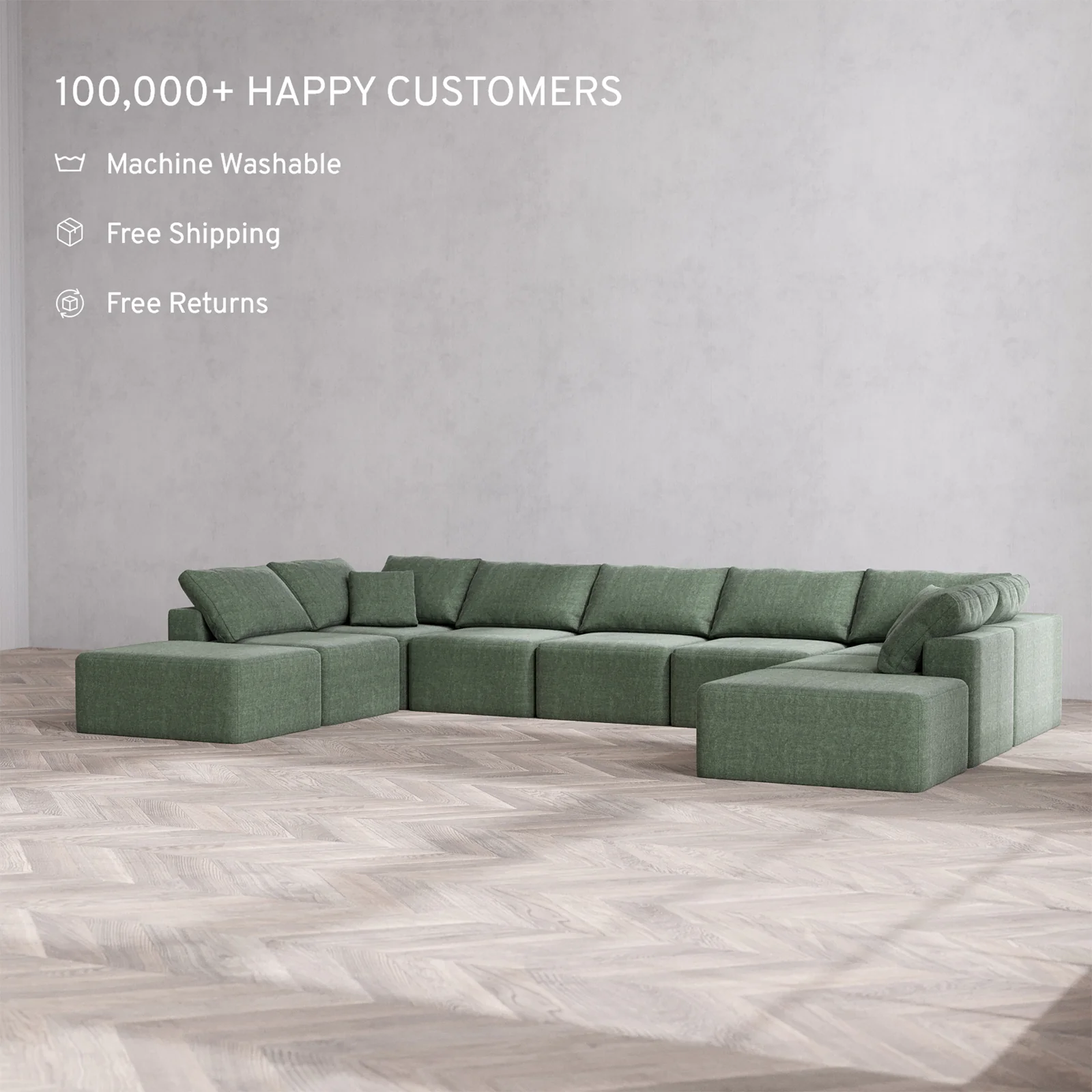 Slipcover Only - Modular Washable 9-Seater Open-Ends U Sectional Cloud Sofa in Sage - Image 2