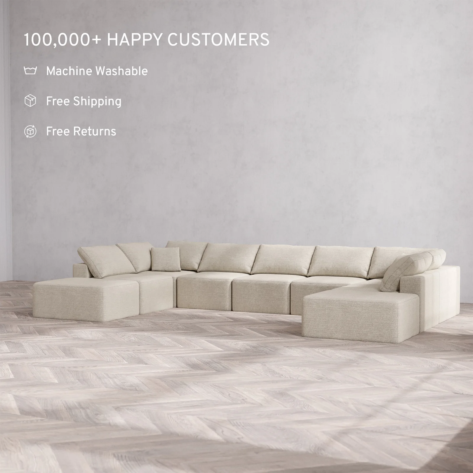 Slipcover Only - Modular Washable 9-Seater Open-Ends U Sectional Cloud Sofa in Sandstone - Image 2
