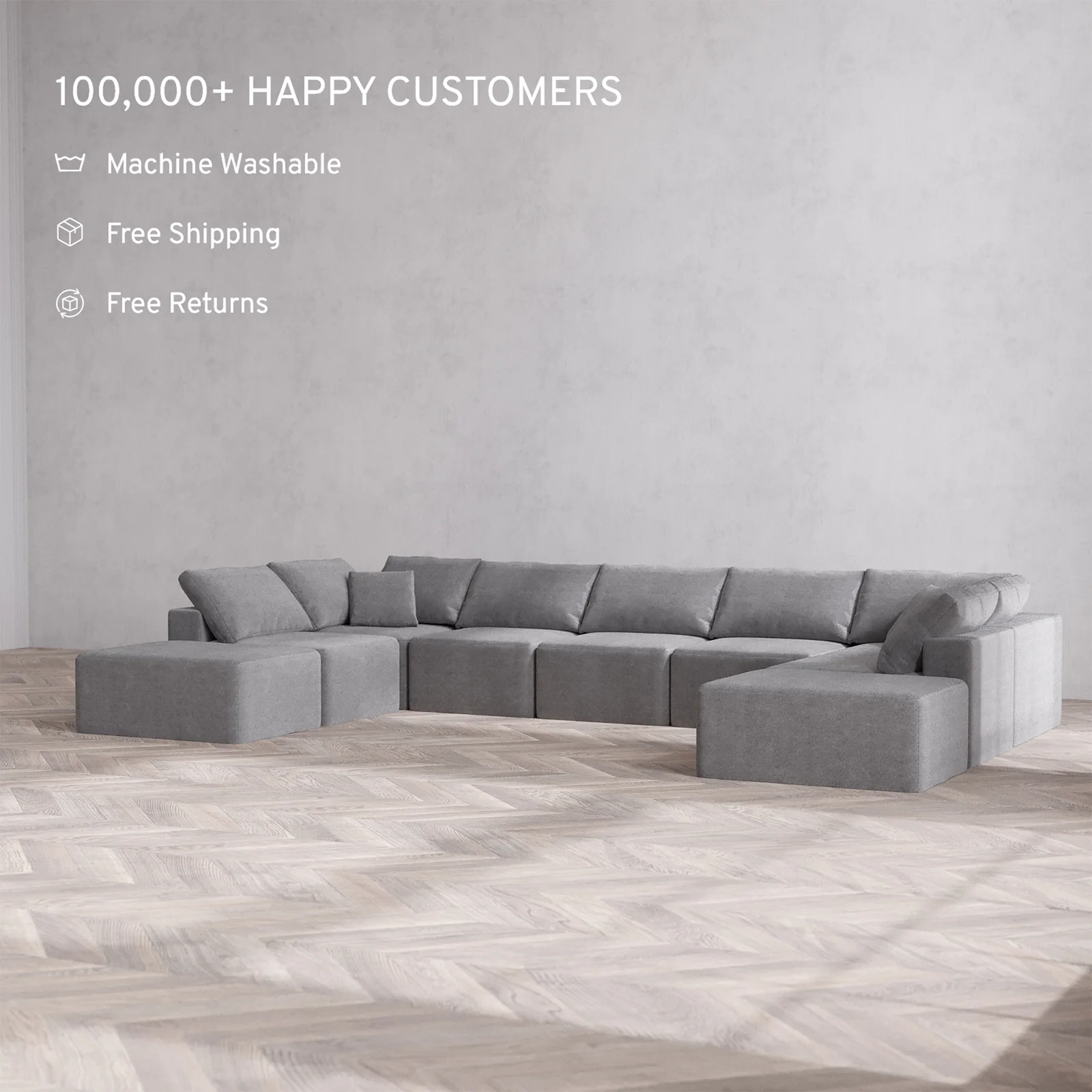 Slipcover Only - Modular Washable 9-Seater Open-Ends U Sectional Cloud Sofa in Slate - Image 2