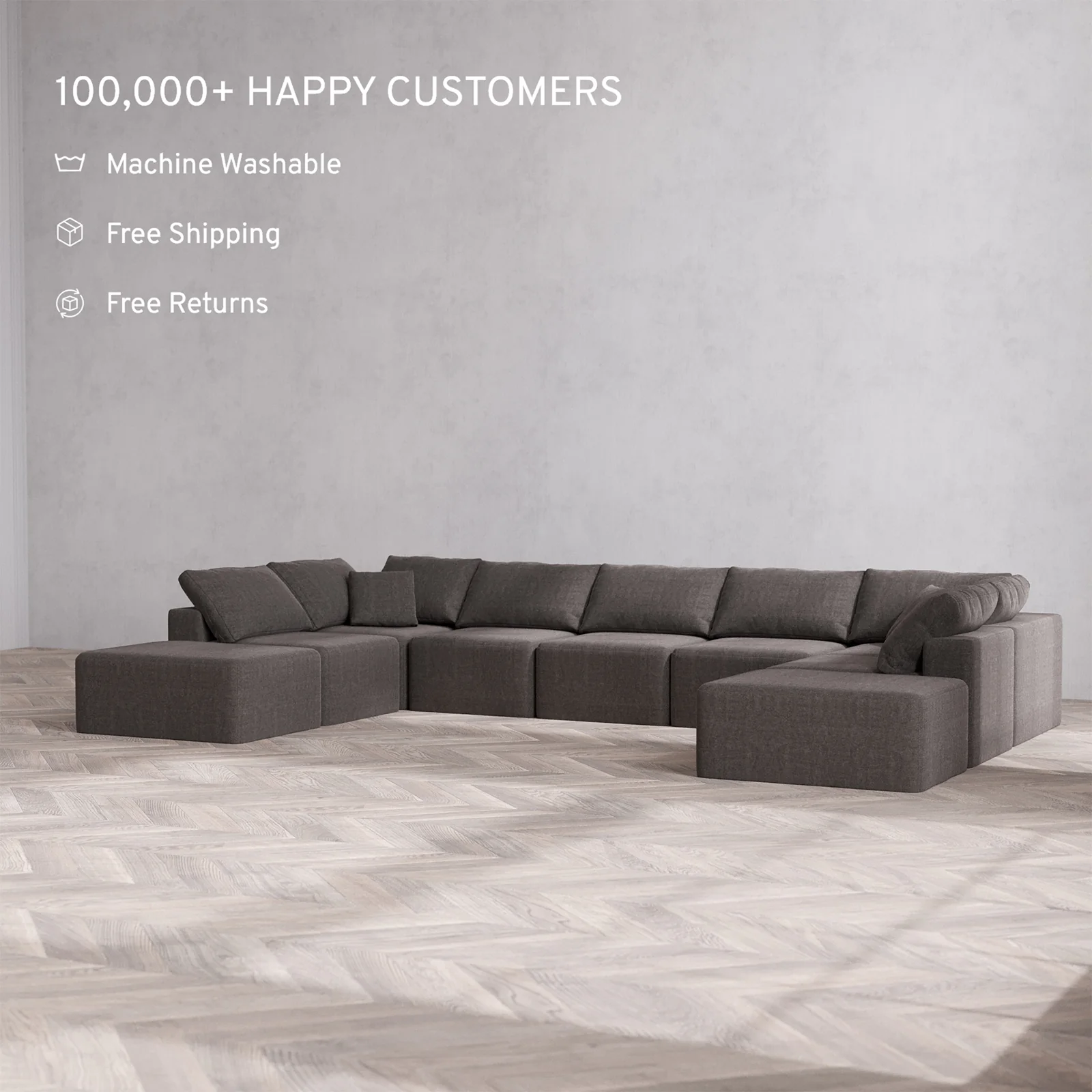 Slipcover Only - Modular Washable 9-Seater Open-Ends U Sectional Cloud Sofa in Truffle - Image 2