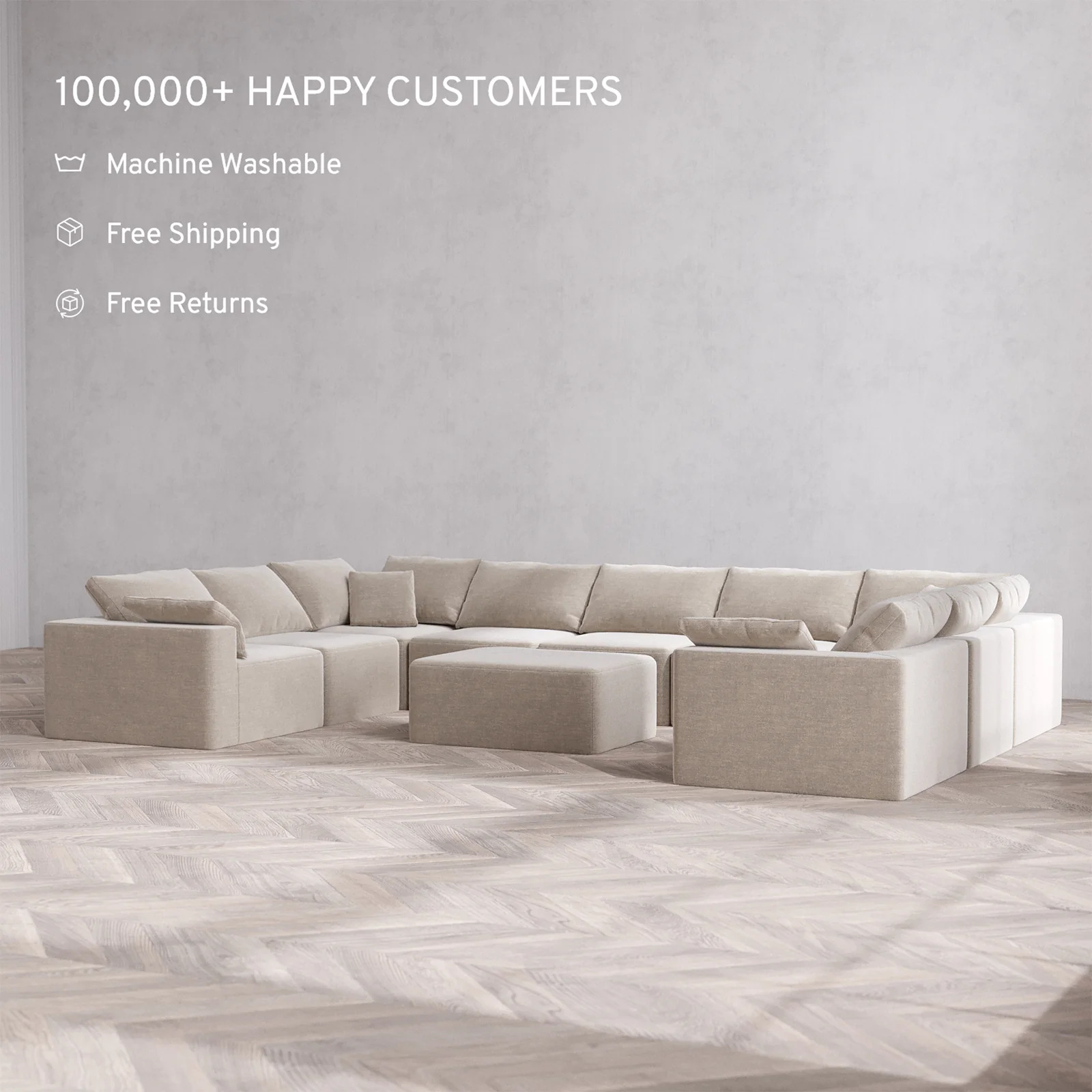 Slipcover Only - Modular Washable 9-Seater U Sectional + Chaise Ottoman Cloud Sofa in Caraway - Image 2