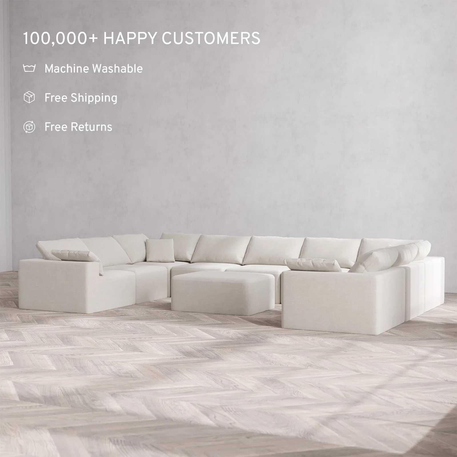 Slipcover Only - Modular Washable 9-Seater U Sectional + Chaise Ottoman Cloud Sofa in Cashew - Image 2