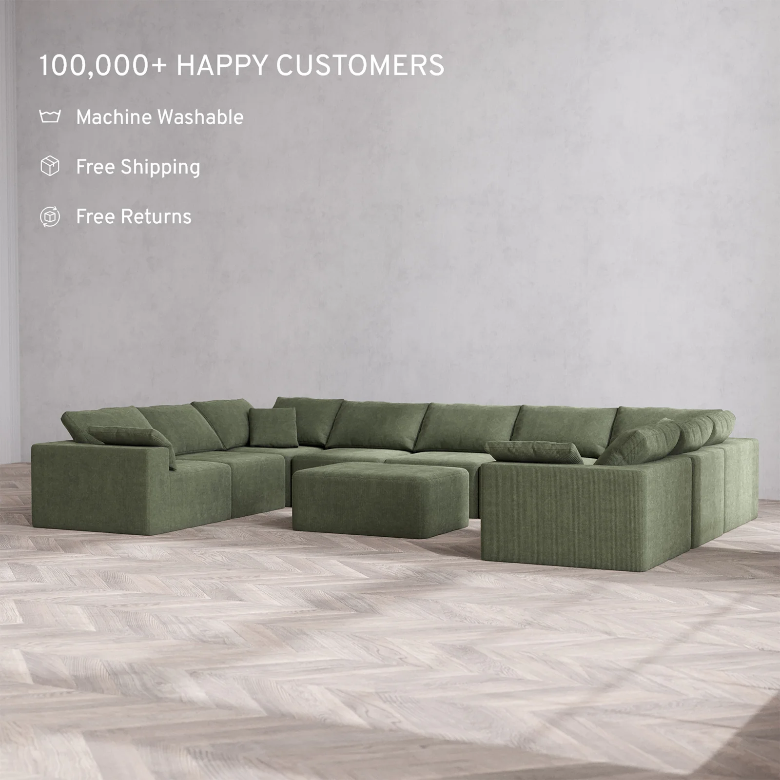 Slipcover Only - Modular Washable 9-Seater U Sectional + Chaise Ottoman Cloud Sofa in Juniper - Image 2