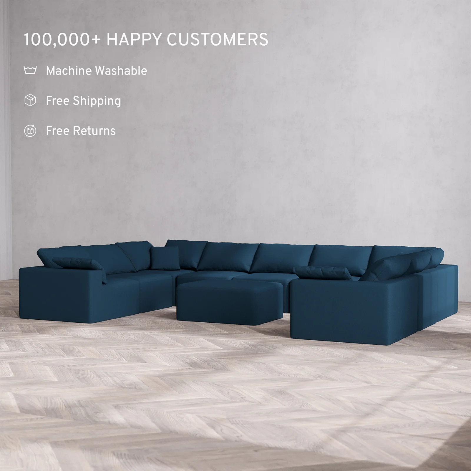 Slipcover Only - Modular Washable 9-Seater U Sectional + Chaise Ottoman Cloud Sofa in Lazuli - Image 2