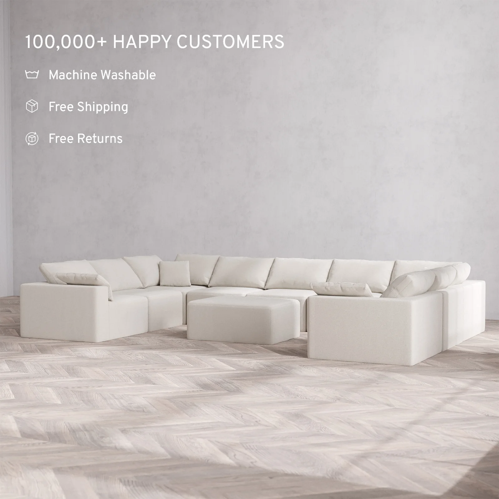 Slipcover Only - Modular Washable 9-Seater U Sectional + Chaise Ottoman Cloud Sofa in Pearl - Image 2