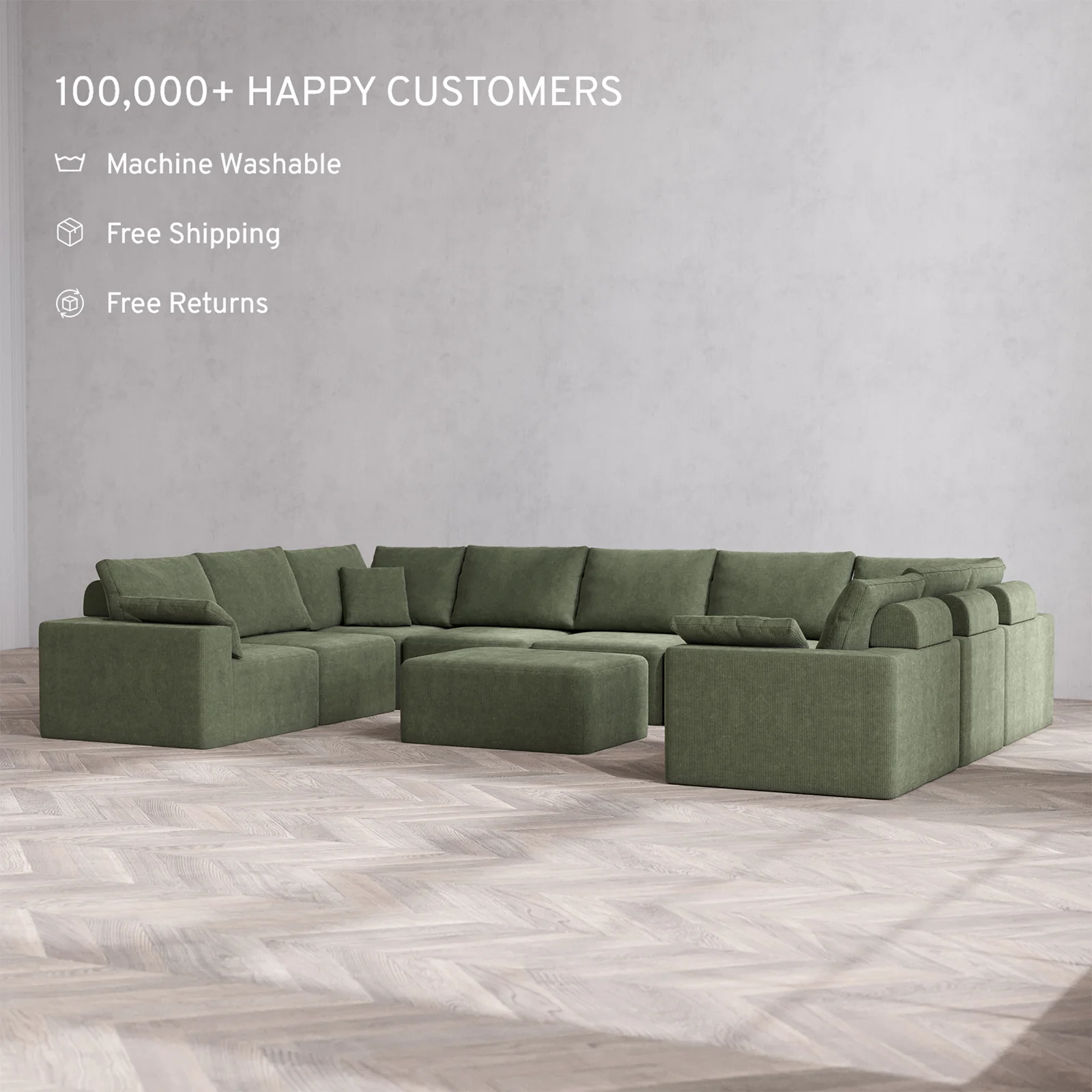 Slipcover Only - Modular Washable 9-Seater U Sectional + Chaise Ottoman Cloud + Bolster Sofa in Juniper - Image 2