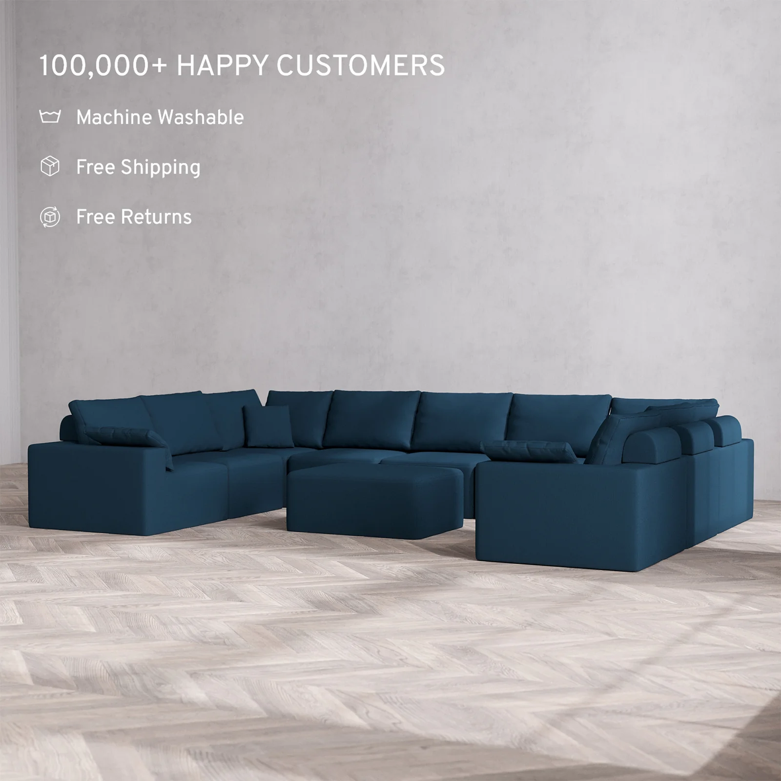 Slipcover Only - Modular Washable 9-Seater U Sectional + Chaise Ottoman Cloud + Bolster Sofa in Lazuli - Image 2