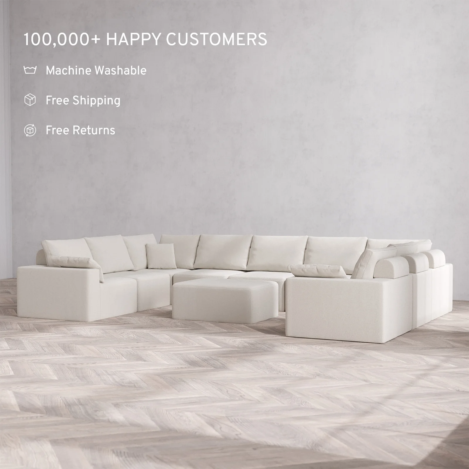 Slipcover Only - Modular Washable 9-Seater U Sectional + Chaise Ottoman Cloud + Bolster Sofa in Pearl - Image 2