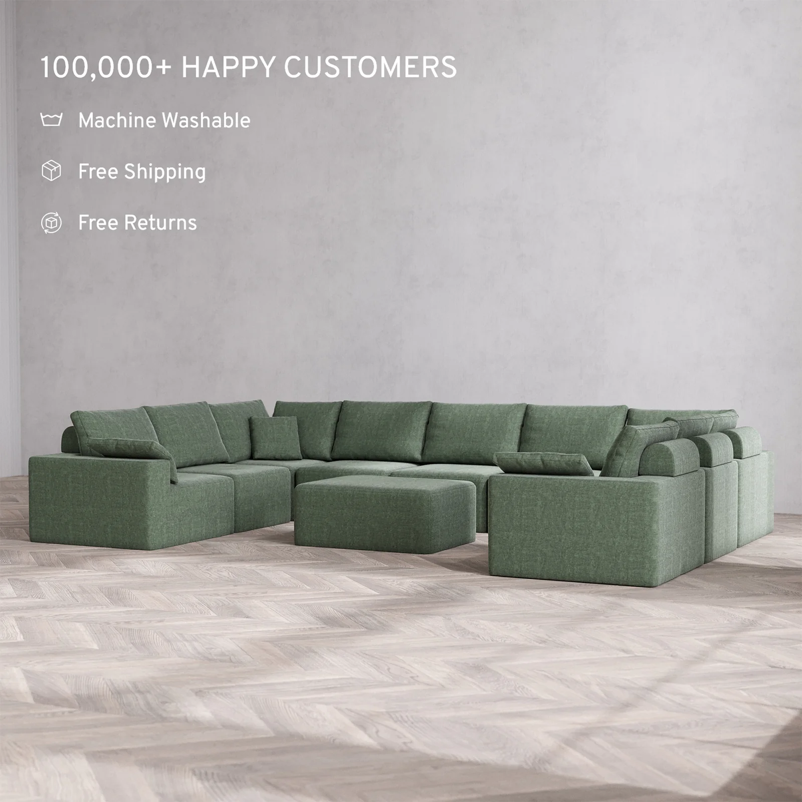 Slipcover Only - Modular Washable 9-Seater U Sectional + Chaise Ottoman Cloud + Bolster Sofa in Sage - Image 2