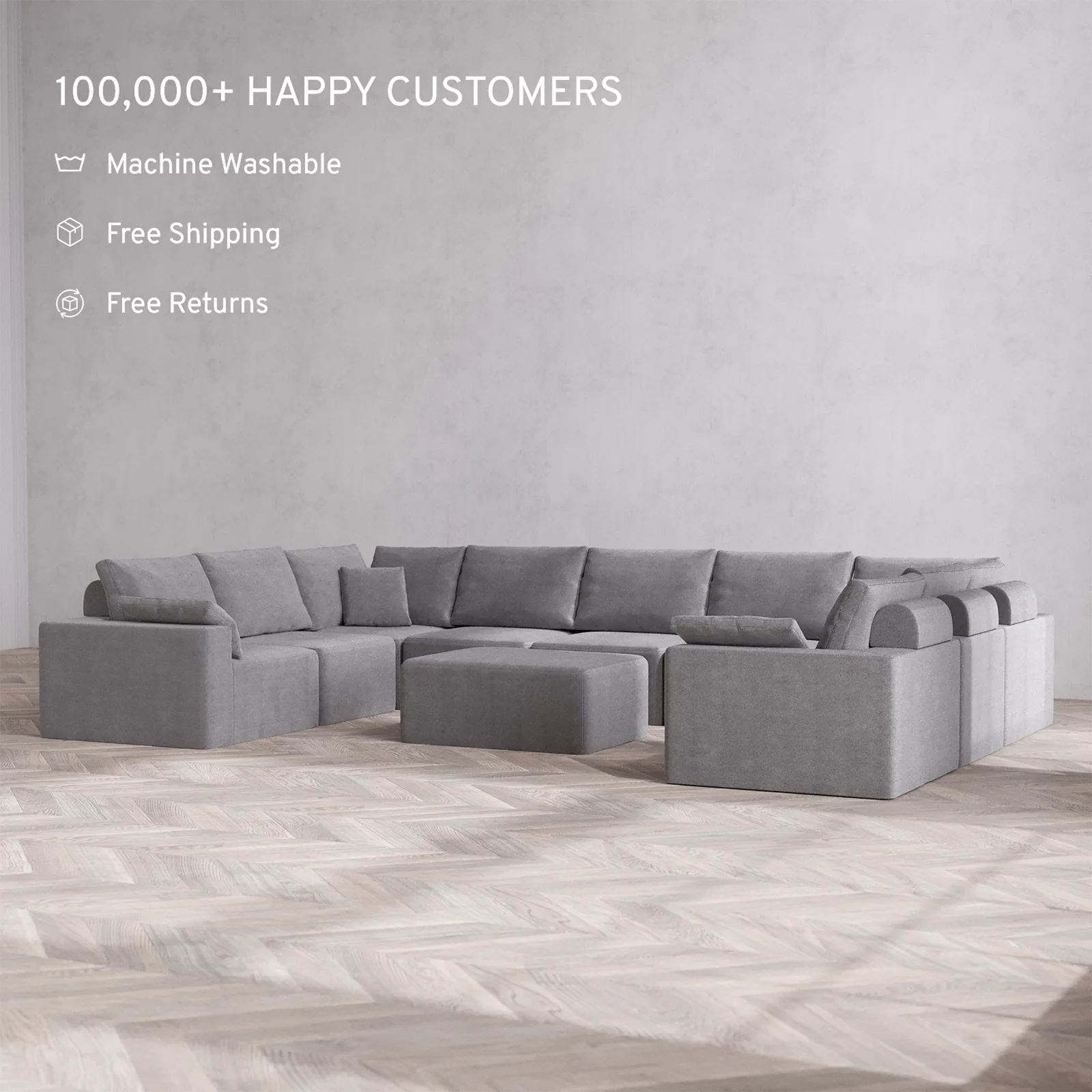 Slipcover Only - Modular Washable 9-Seater U Sectional + Chaise Ottoman Cloud + Bolster Sofa in Slate - Image 2