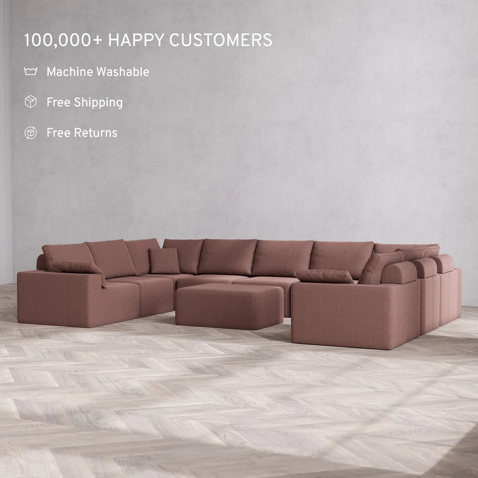 Slipcover Only - Modular Washable 9-Seater U Sectional + Chaise Ottoman Cloud + Bolster Sofa in Sumac - Image 2