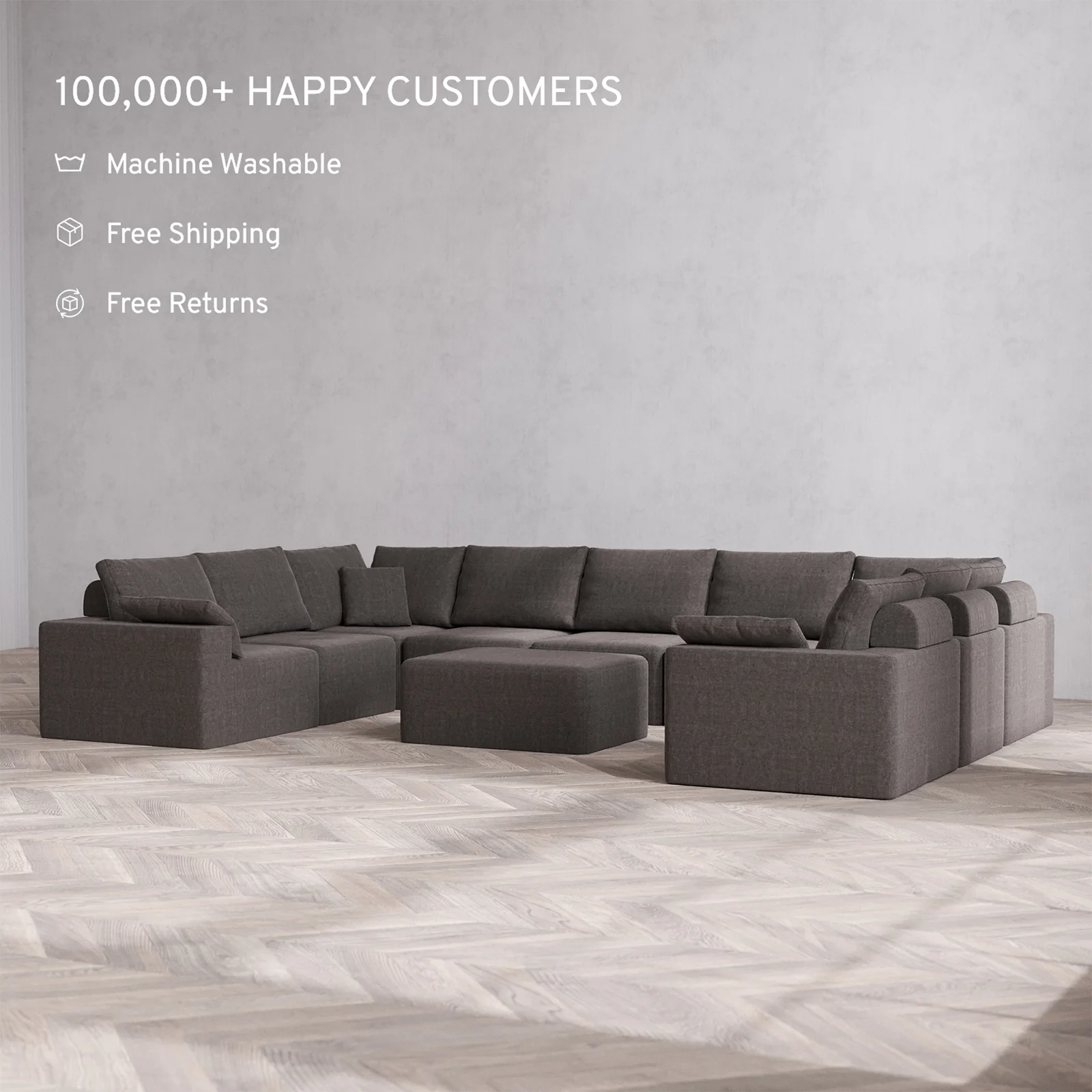 Slipcover Only - Modular Washable 9-Seater U Sectional + Chaise Ottoman Cloud + Bolster Sofa in Truffle - Image 2