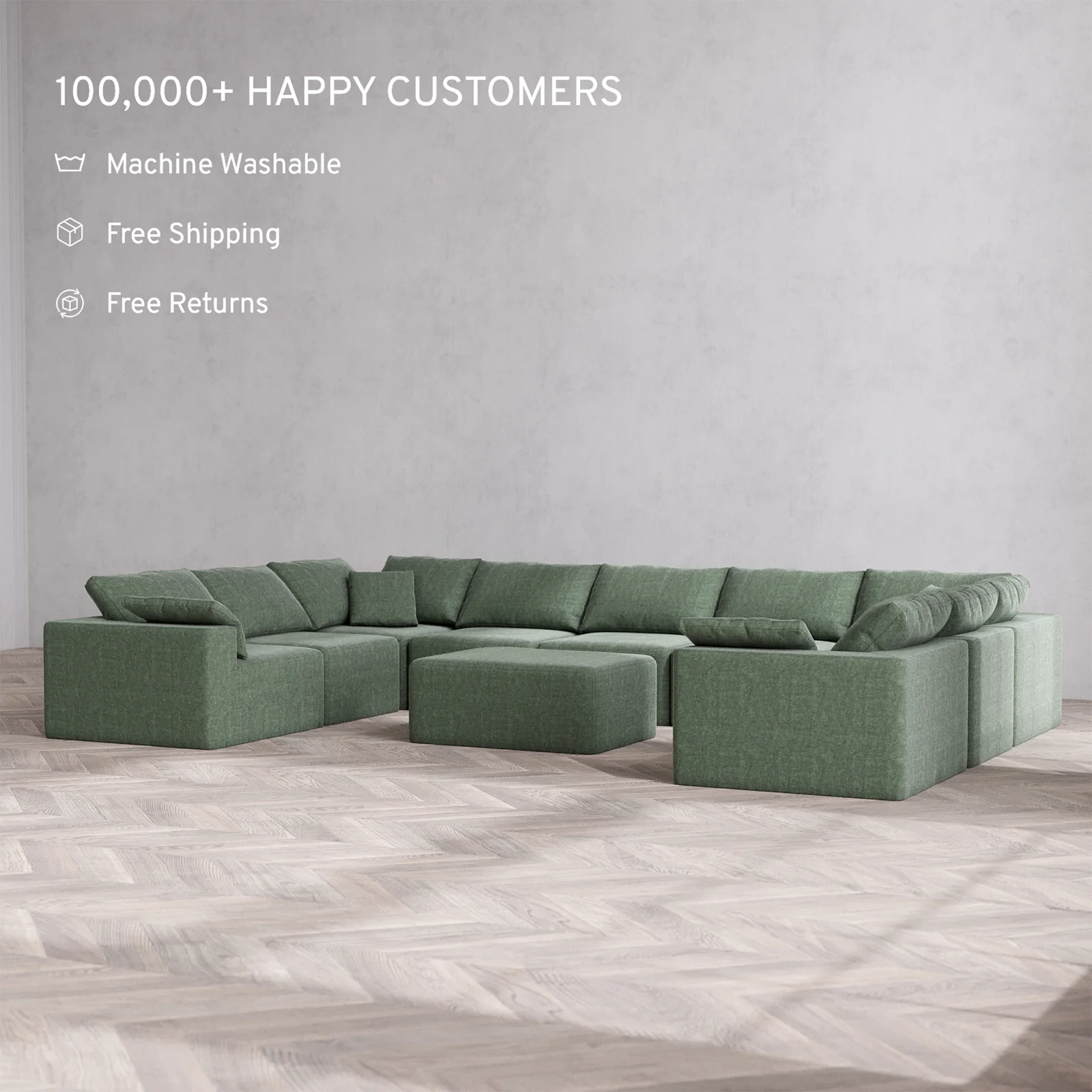 Slipcover Only - Modular Washable 9-Seater U Sectional + Chaise Ottoman Cloud Sofa in Sage - Image 2