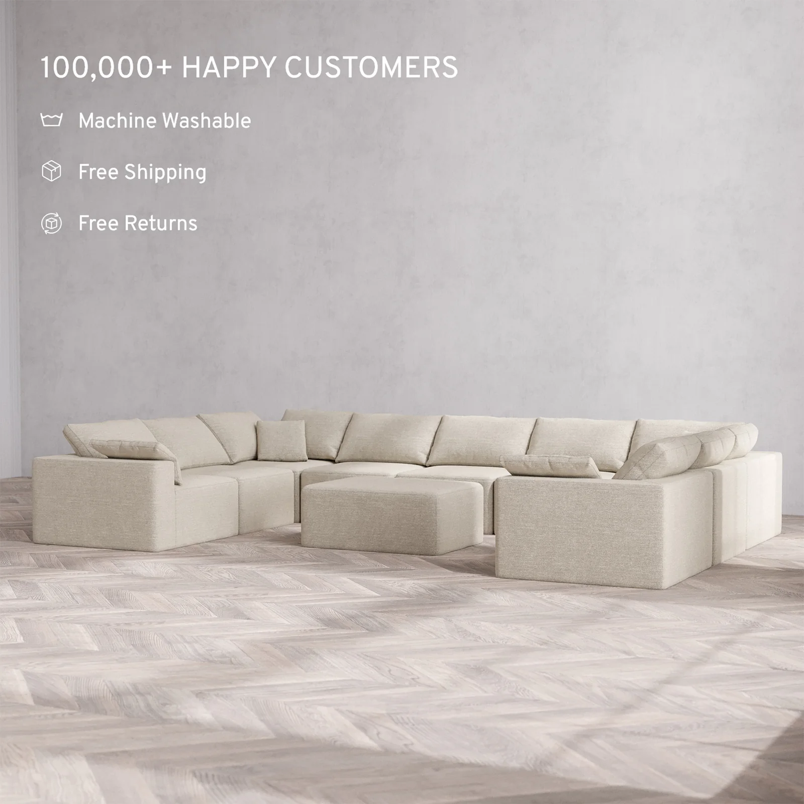 Slipcover Only - Modular Washable 9-Seater U Sectional + Chaise Ottoman Cloud Sofa in Sandstone - Image 2