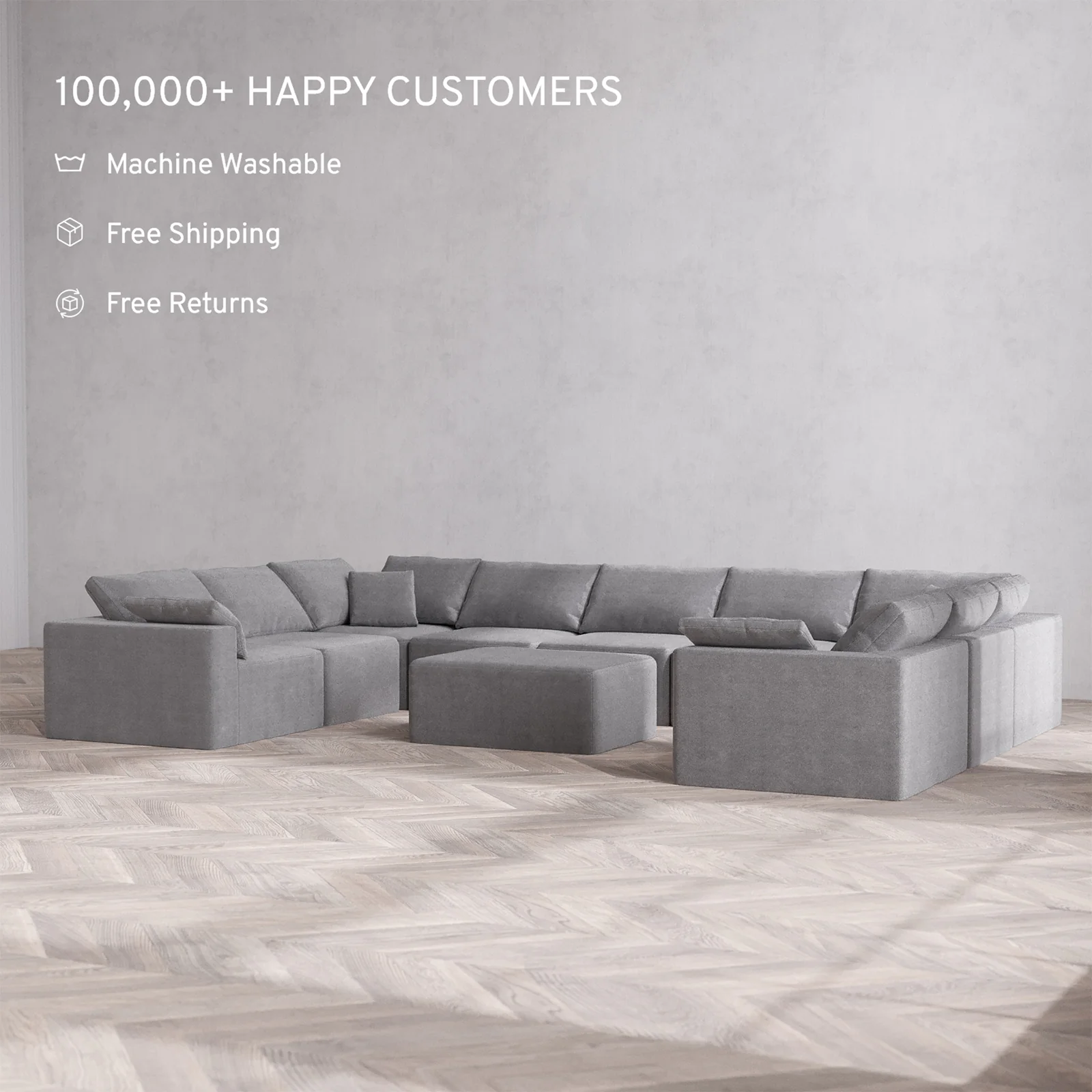 Slipcover Only - Modular Washable 9-Seater U Sectional + Chaise Ottoman Cloud Sofa in Slate - Image 2