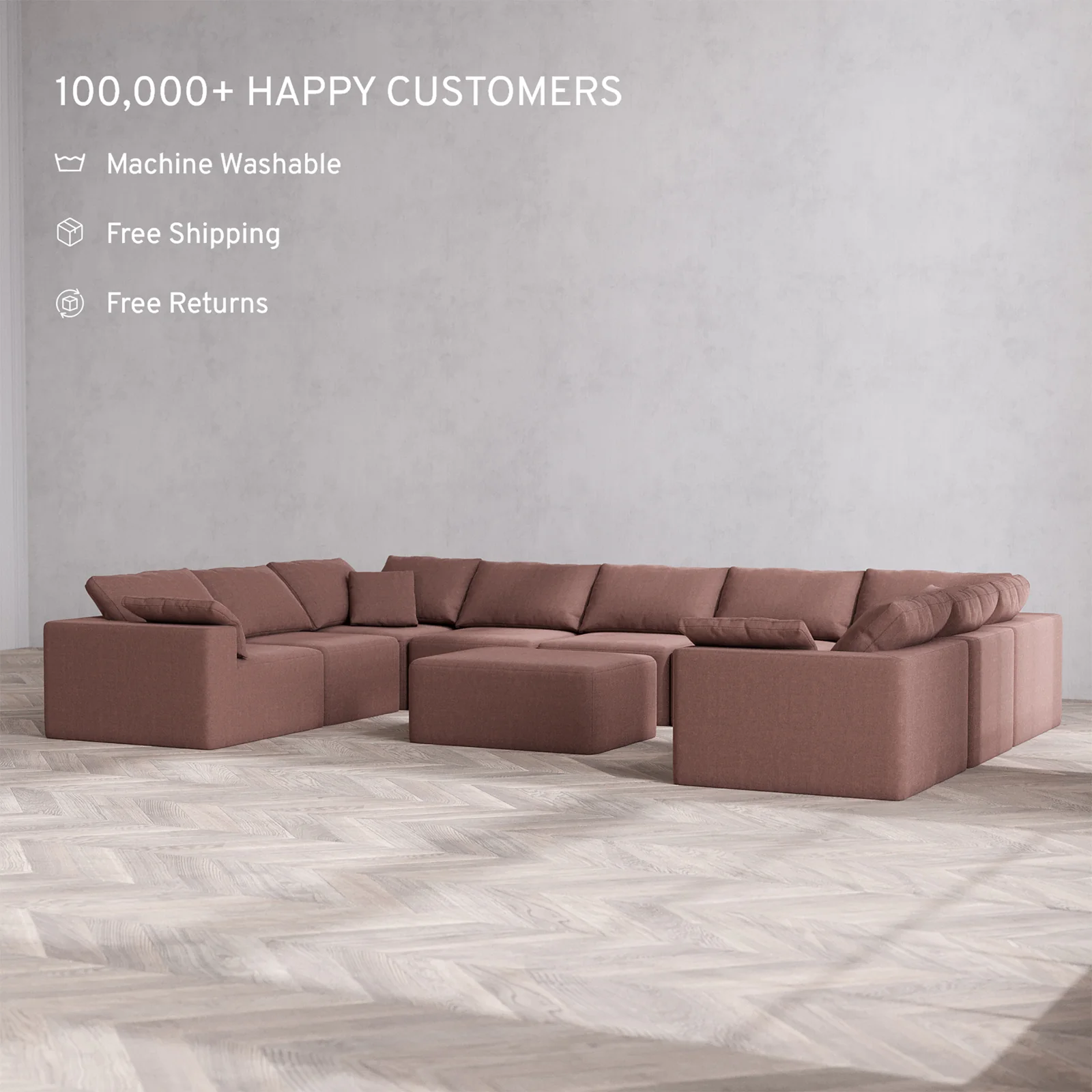 Slipcover Only - Modular Washable 9-Seater U Sectional + Chaise Ottoman Cloud Sofa in Sumac - Image 2