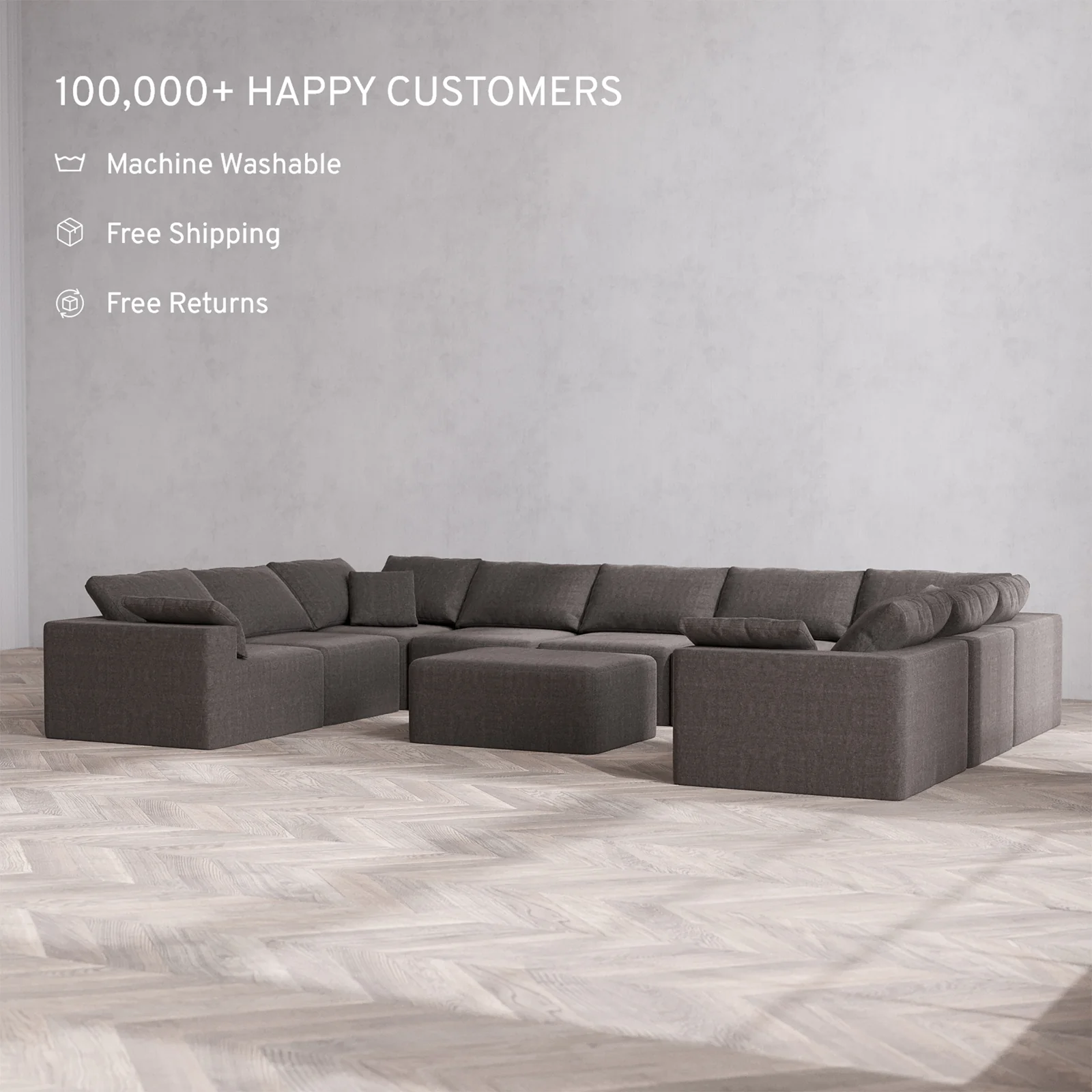Slipcover Only - Modular Washable 9-Seater U Sectional + Chaise Ottoman Cloud Sofa in Truffle - Image 2