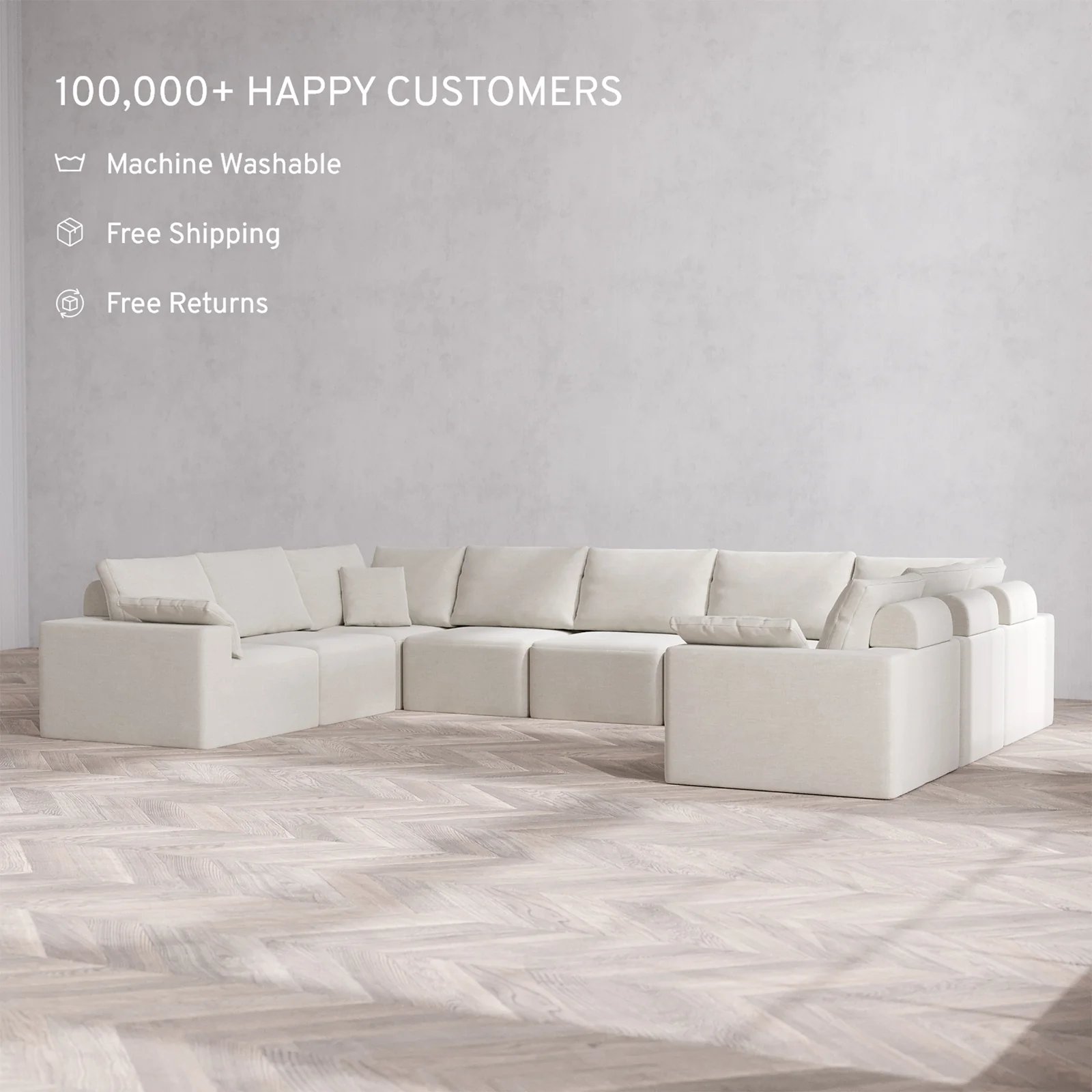 Slipcover Only - Modular Washable 9-Seater U Sectional Cloud + Bolster Sofa in Cashew - Image 2