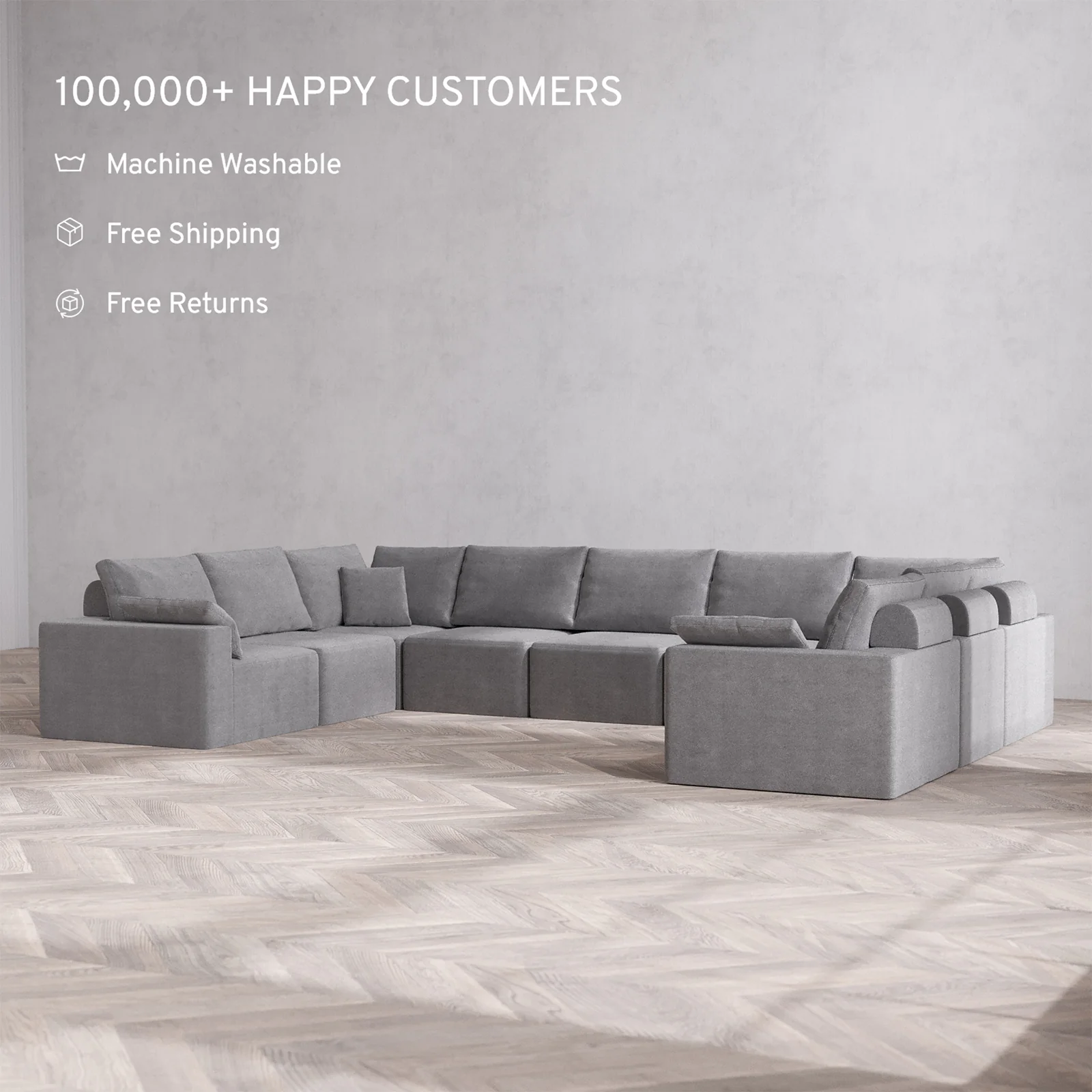 Slipcover Only - Modular Washable 9-Seater U Sectional Cloud + Bolster Sofa in Slate - Image 2