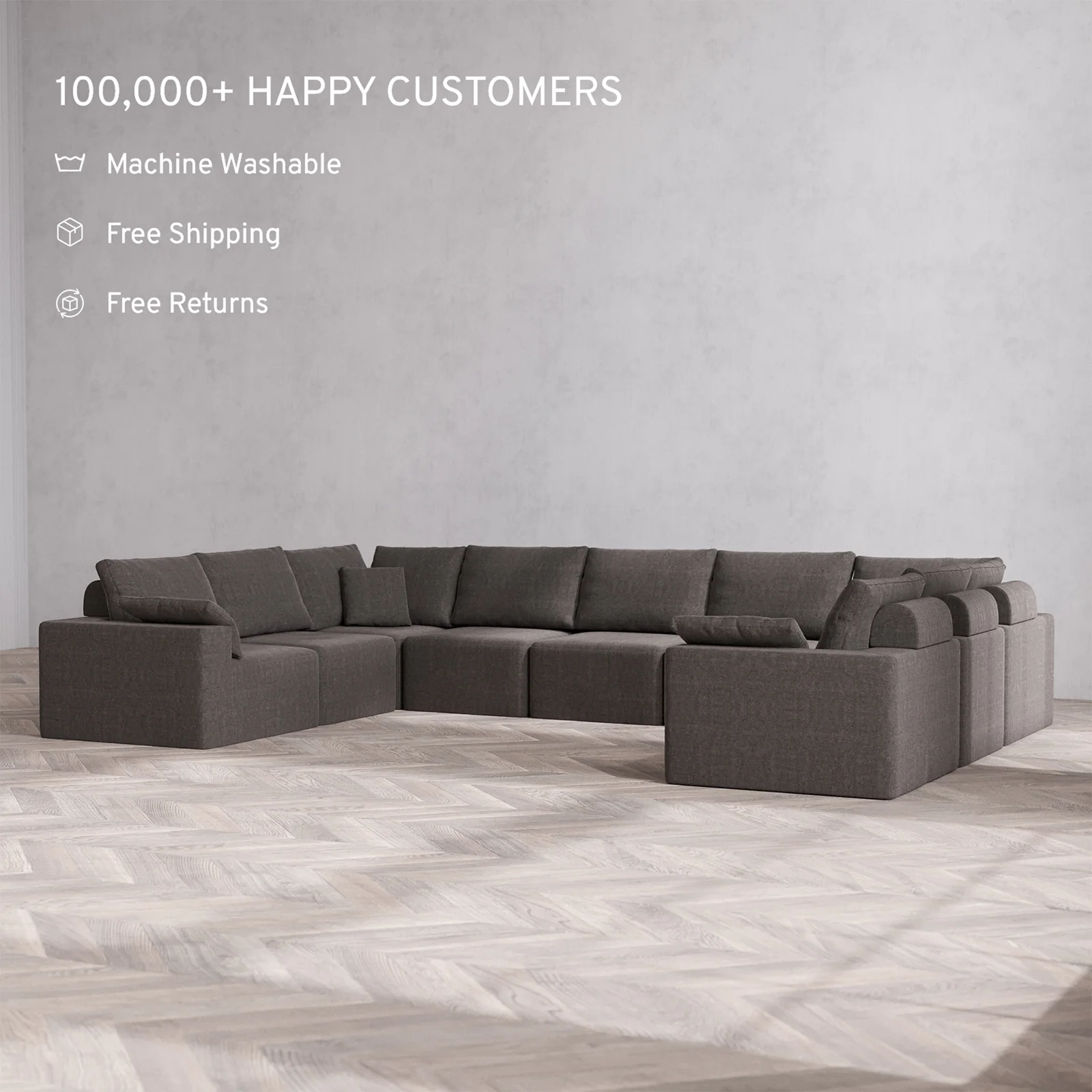 Slipcover Only - Modular Washable 9-Seater U Sectional Cloud + Bolster Sofa in Truffle - Image 2