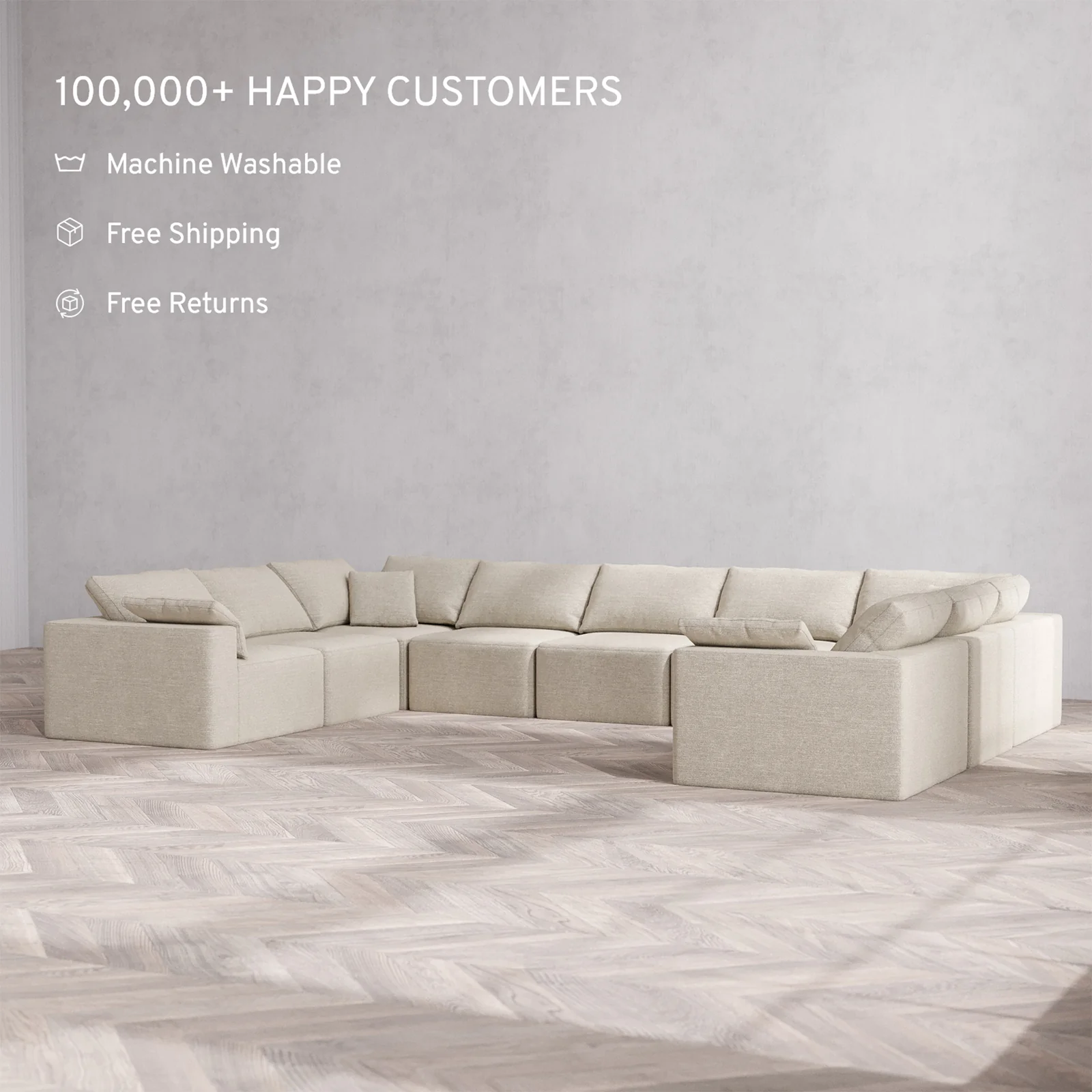 Slipcover Only - Modular Washable 9-Seater U Sectional Cloud Sofa in Sandstone - Image 2