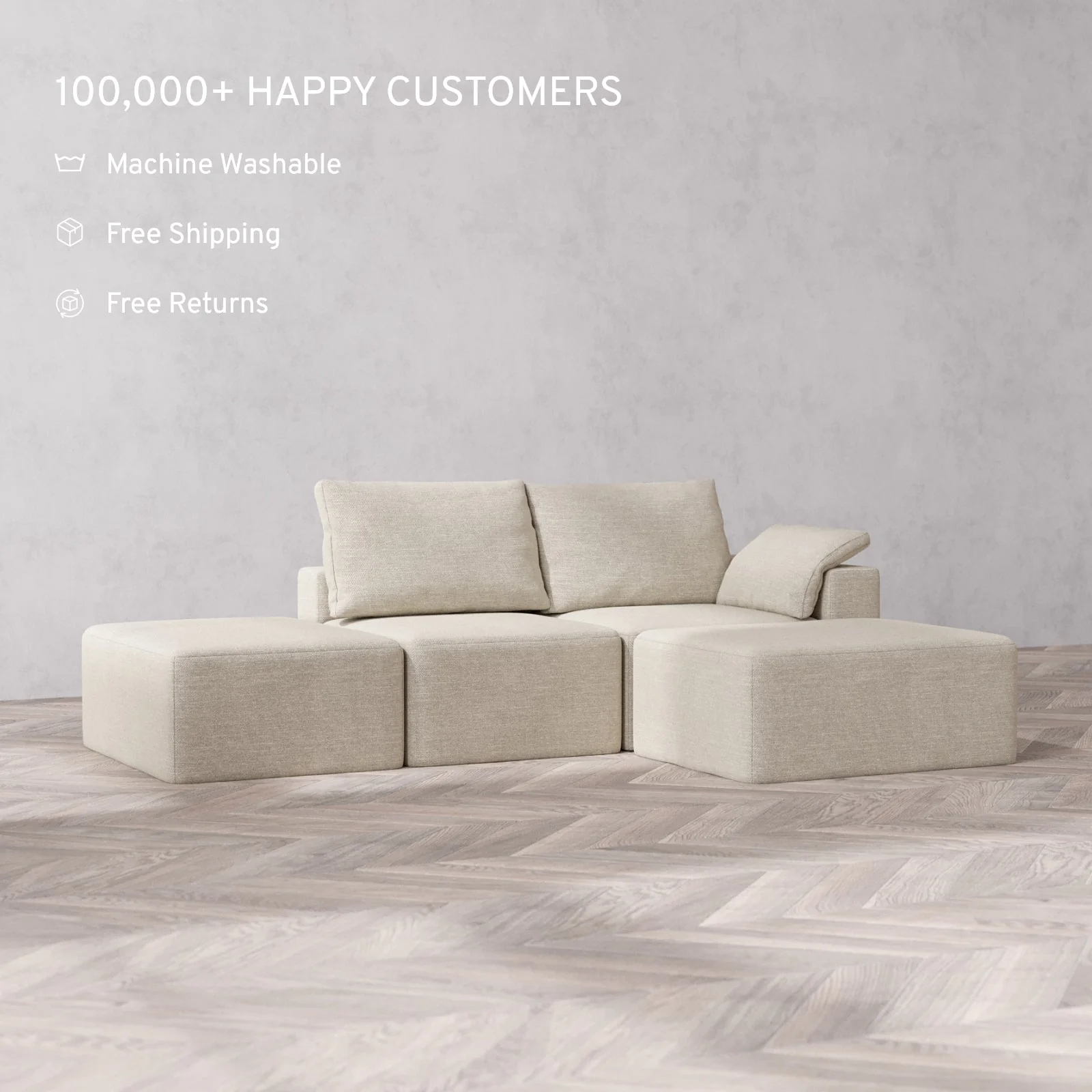 Slipcover Only - Modular Washable 2-Seater Open End Chaise Sectional Cloud + Bolster Sofa in Sandstone | Right-Facing Arm - Image 2