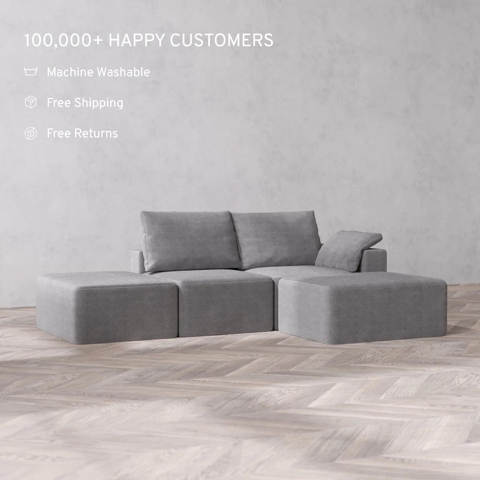 Slipcover Only - Modular Washable 2-Seater Open End Chaise Sectional Cloud + Bolster Sofa in Slate | Right-Facing Arm - Image 2