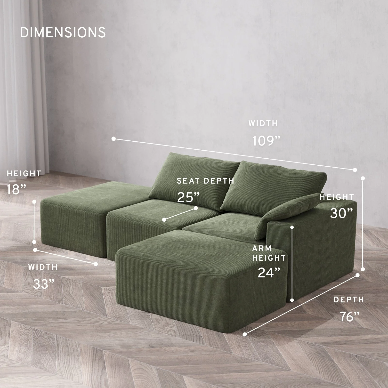 Slipcover Only - Modular Washable 2-Seater Open End Chaise Sectional Cloud Sofa in Juniper | Right-Facing Arm - Image 5