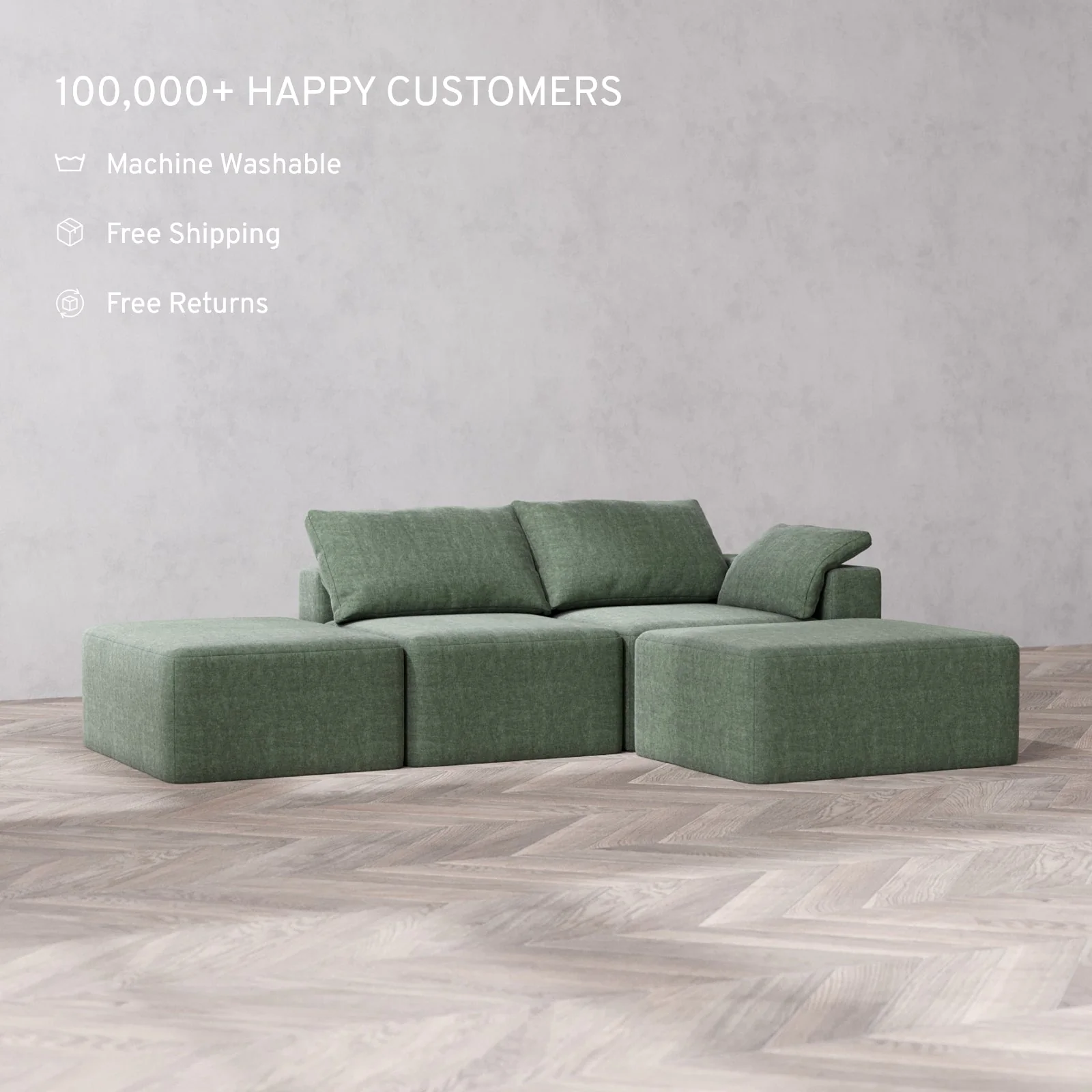 Slipcover Only - Modular Washable 2-Seater Open End Chaise Sectional Cloud Sofa in Sage | Right-Facing Arm - Image 2