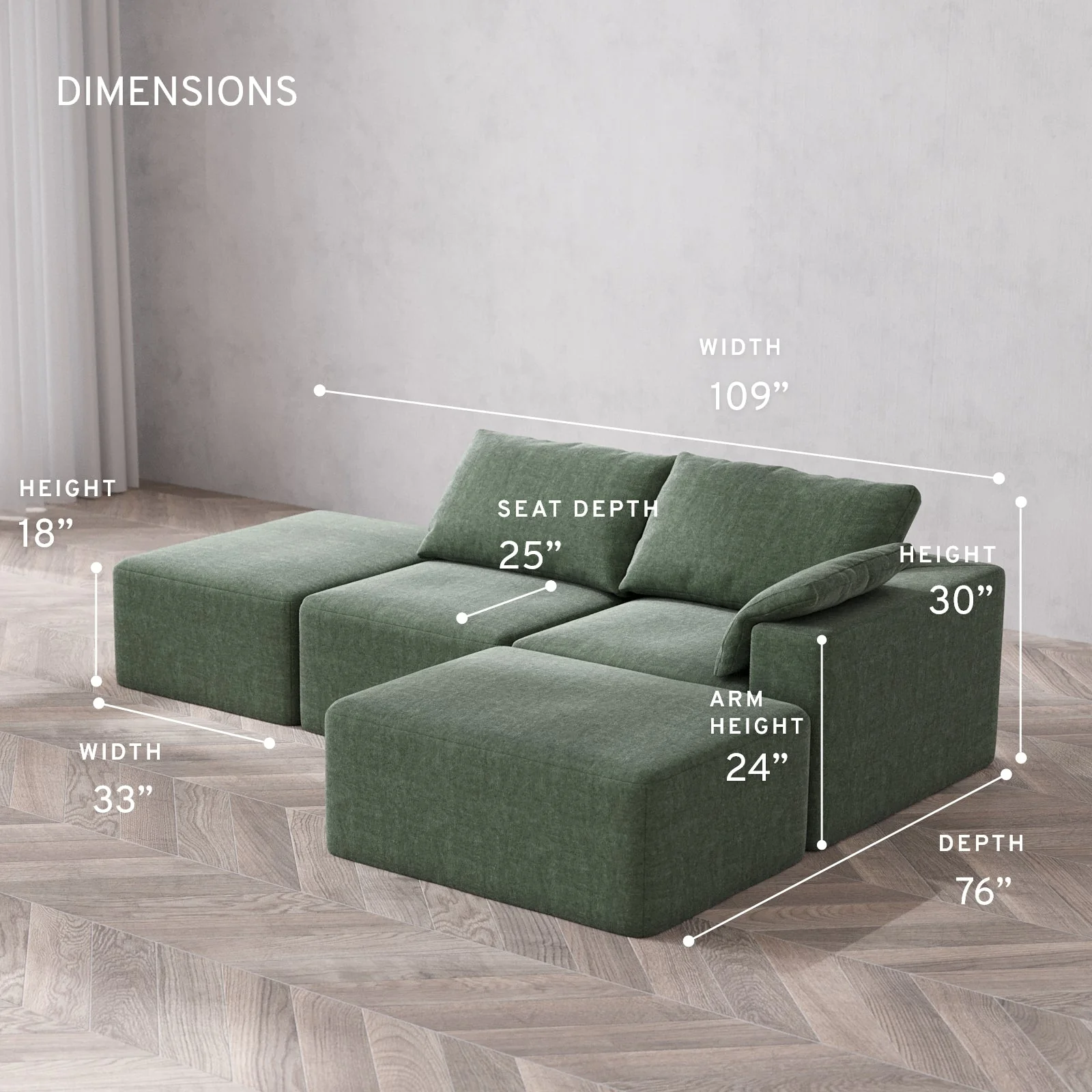 Slipcover Only - Modular Washable 2-Seater Open End Chaise Sectional Cloud Sofa in Sage | Right-Facing Arm - Image 5