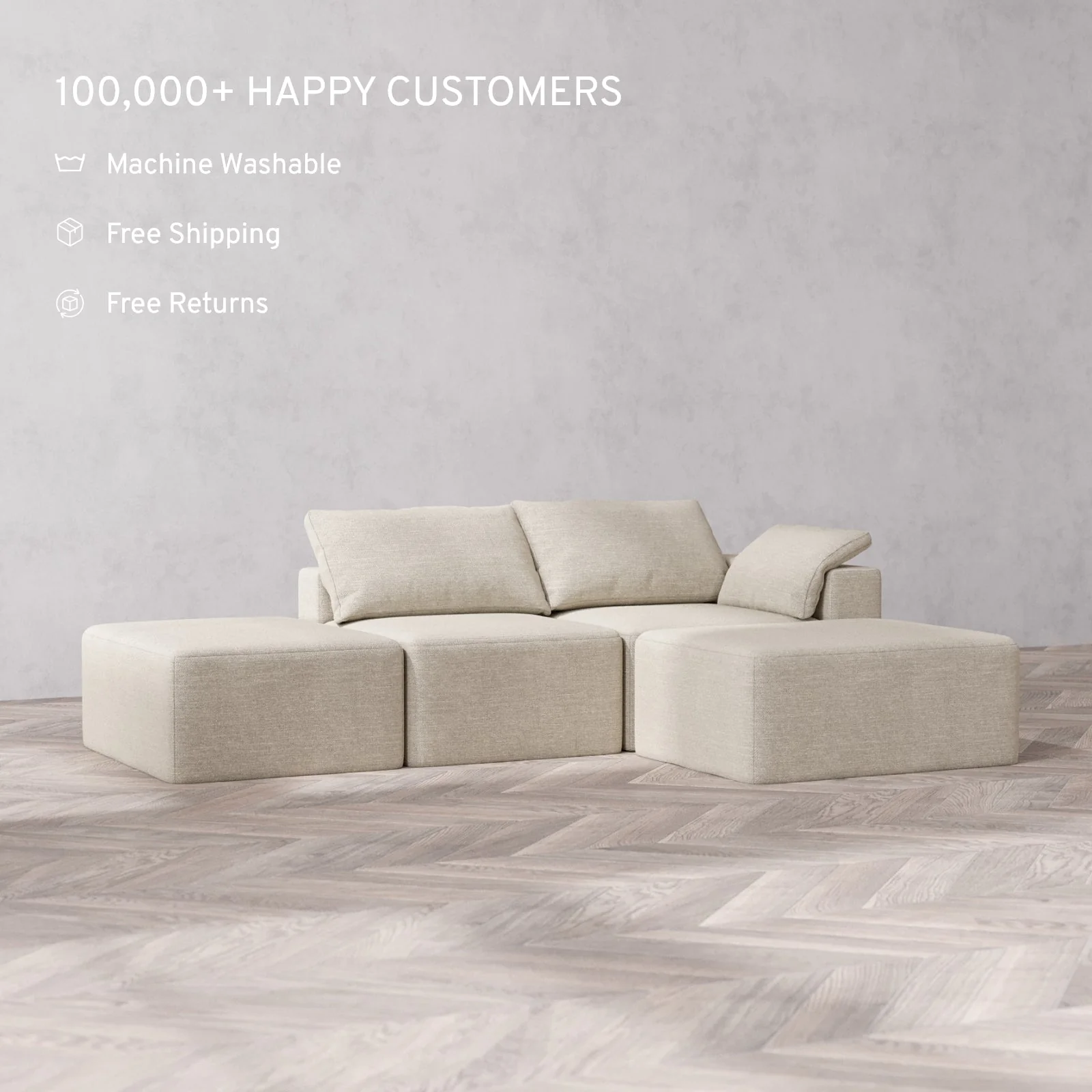 Slipcover Only - Modular Washable 2-Seater Open End Chaise Sectional Cloud Sofa in Sandstone | Right-Facing Arm - Image 2
