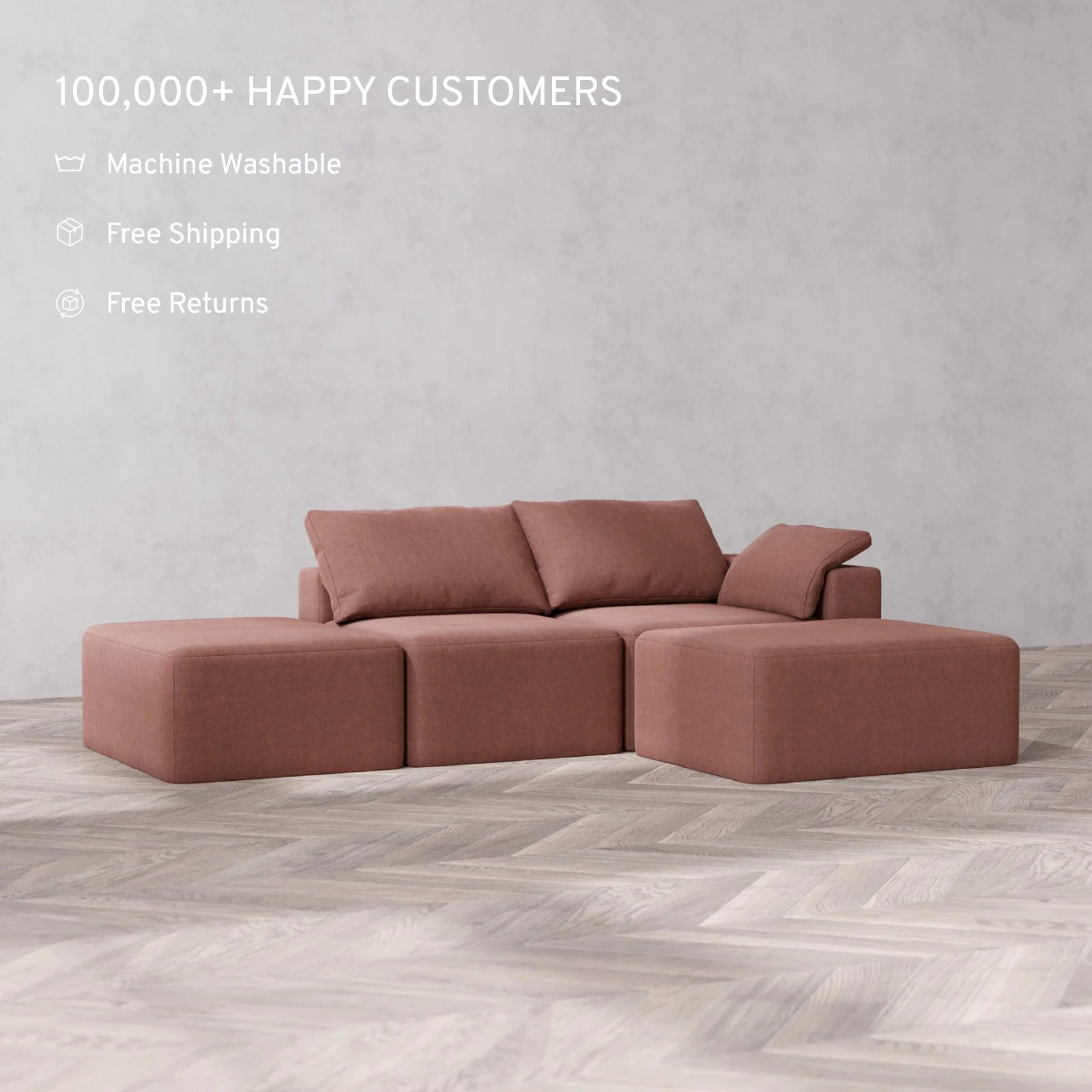 Slipcover Only - Modular Washable 2-Seater Open End Chaise Sectional Cloud Sofa in Sumac | Right-Facing Arm - Image 2